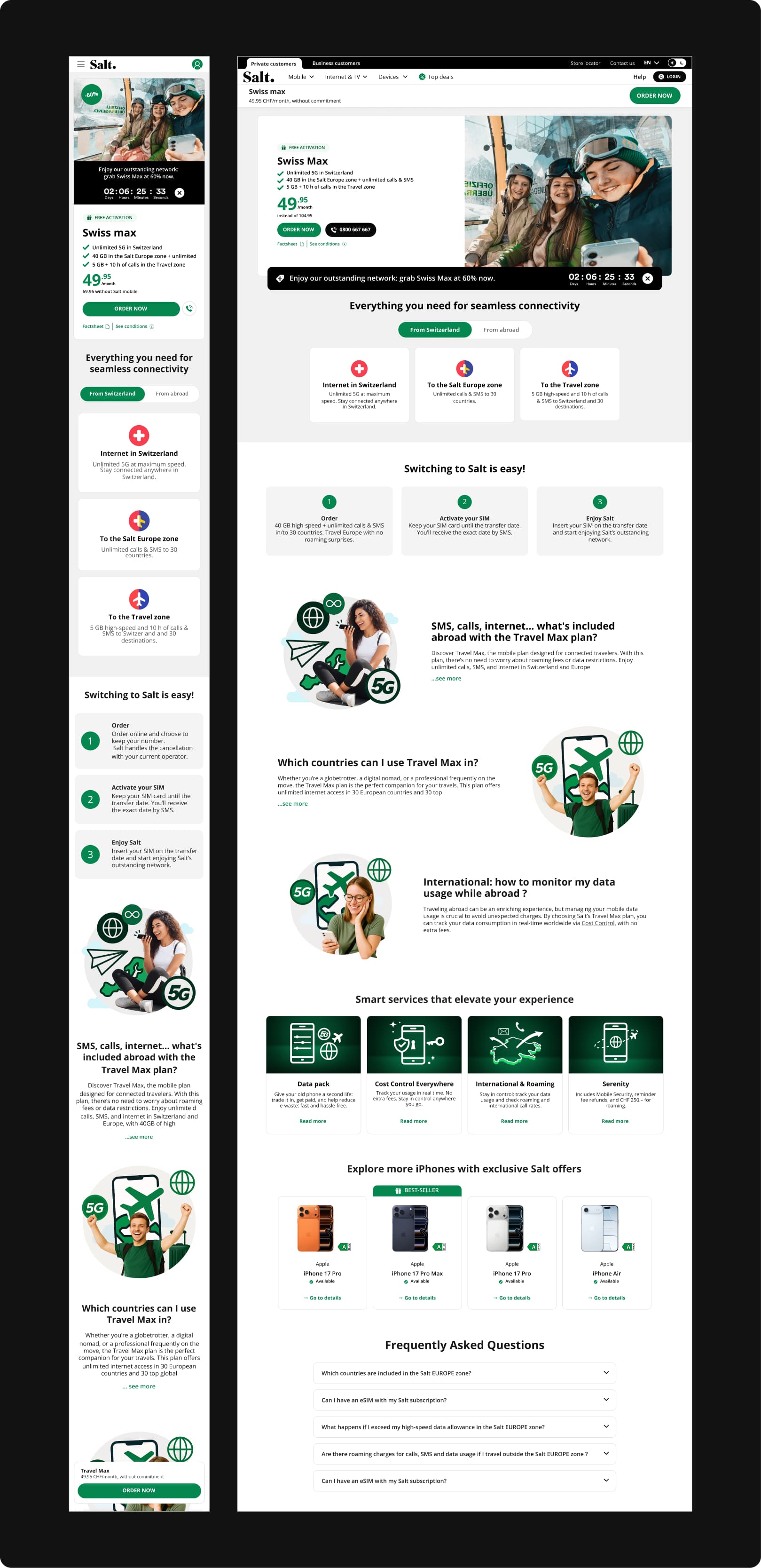 Responsive Salt Mobile plan details page highlighting subscription features, roaming options, and service benefits across desktop and mobile views.