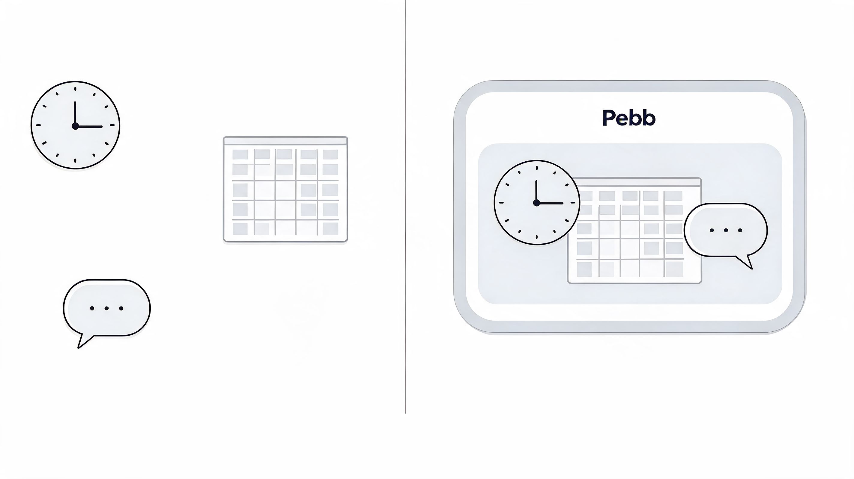Icons of a clock, a calendar, and a speech bubble merging into the Pebb platform interface.