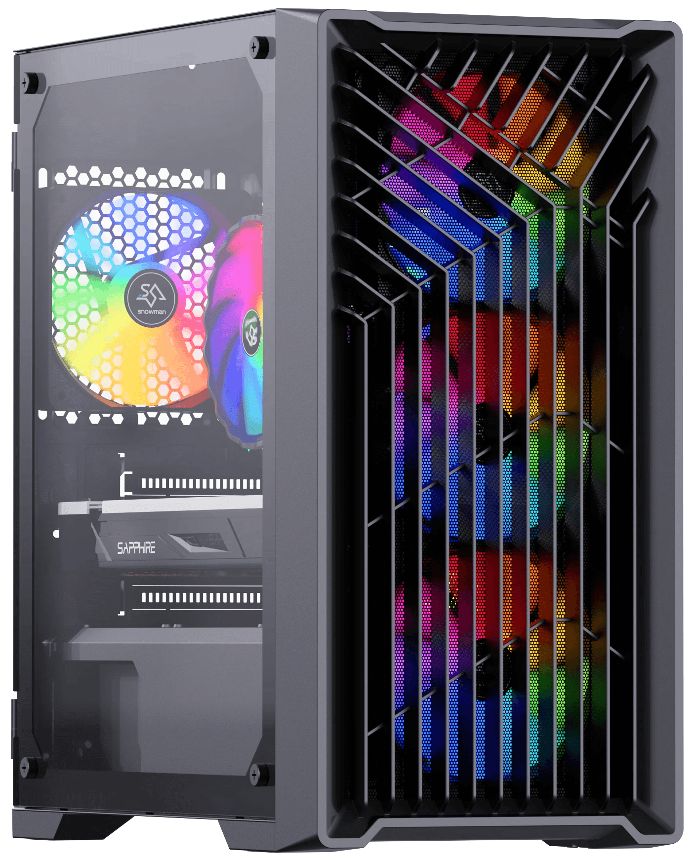 Showcasing a state-of-the-art gaming PC build for 2023, this image features a sleek, tower-style case with a striking illuminated front panel in a spectrum of colors, encapsulating a modern aesthetic combined with high-performance computing. The side view reveals a transparent panel through which the vibrant RGB lighting of the internal components, including fans and a high-end graphics card, can be seen, emphasizing its capability for intensive gaming and advanced machine learning applications. This gaming rig is equipped to offer top-tier gaming experiences, productivity, and digital creation, highlighted by its use of the latest NVIDIA GPUs and an Intel i7 processor with 16GB of RAM.