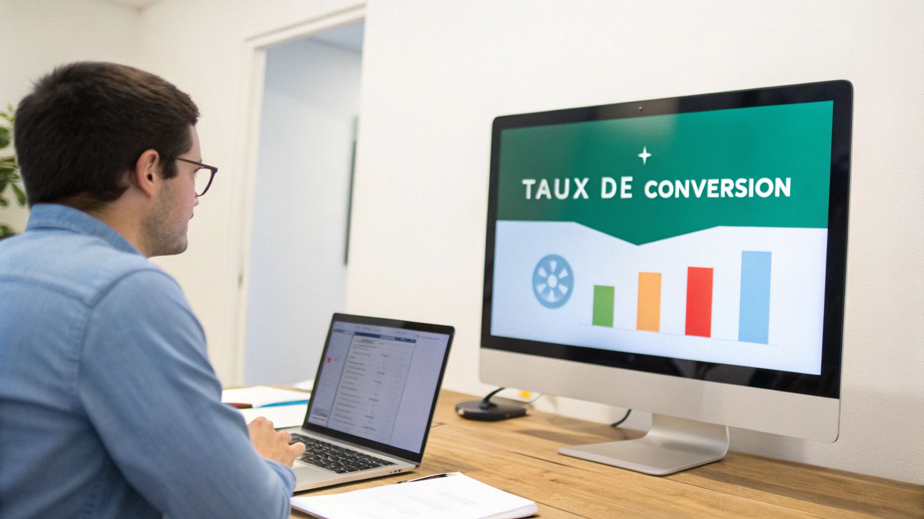 Un homme travaille sur son ordinateur portable, face à un écran affichant des données sur le taux de conversion.