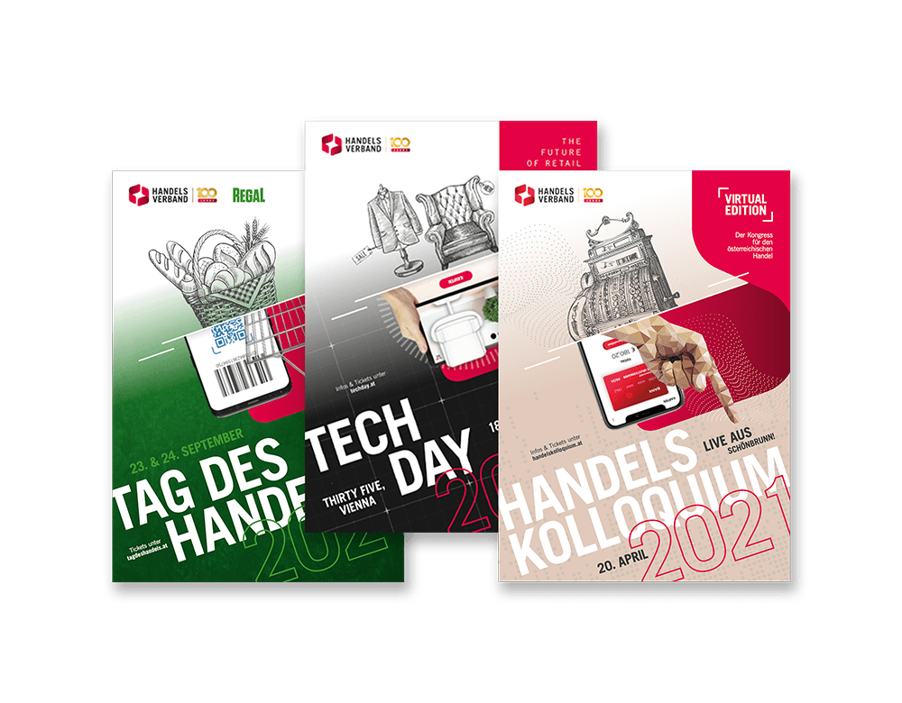 Kampagnen- und Eventplakate des Handelsverbands mit gleichen Layouts und unterschiedlichen grafischen Illustrationen
