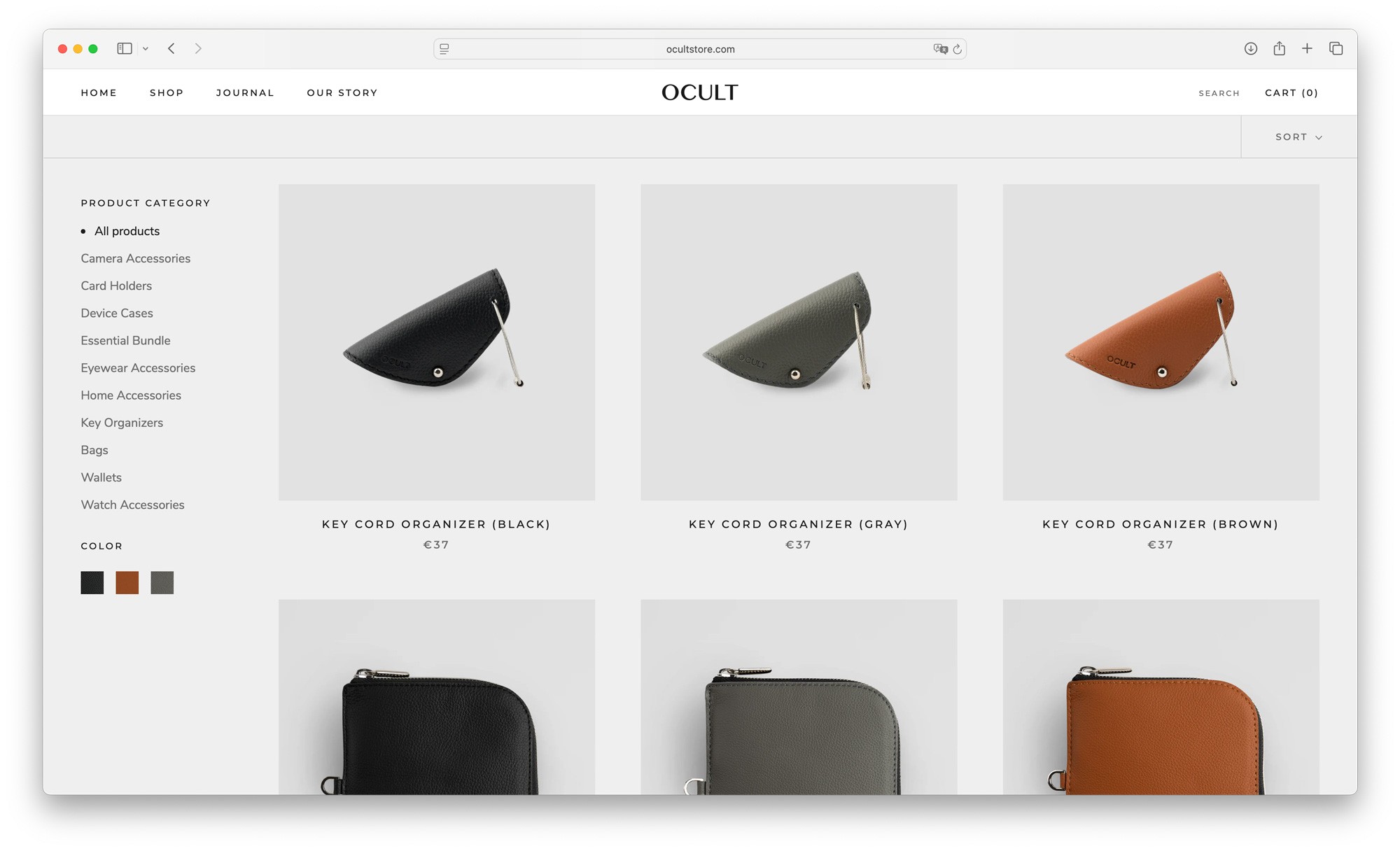 OCULT ādas aksesuāru e-veikala produktu lapas piemērs ar atslēgu organizatoriem