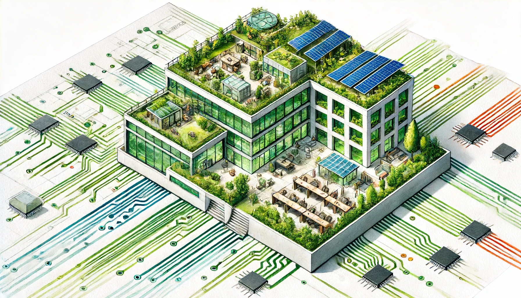 Futuristic AI-powered workspace design featuring a sustainable smart building with green roofs, solar panels, and integrated technology, symbolizing the fusion of architecture and artificial intelligence.