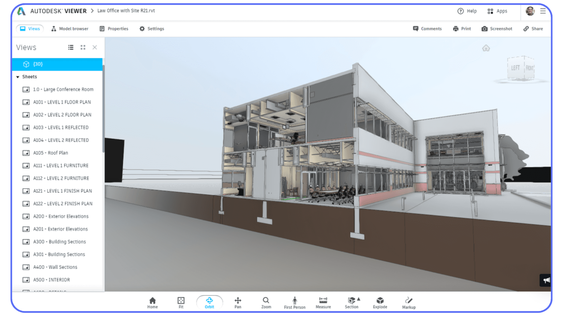 Autodesk Viewer showing a detailed cutaway 3D model of a two-story office building, exposing interior rooms, structure, and MEP systems with sheet list visible on the left.
