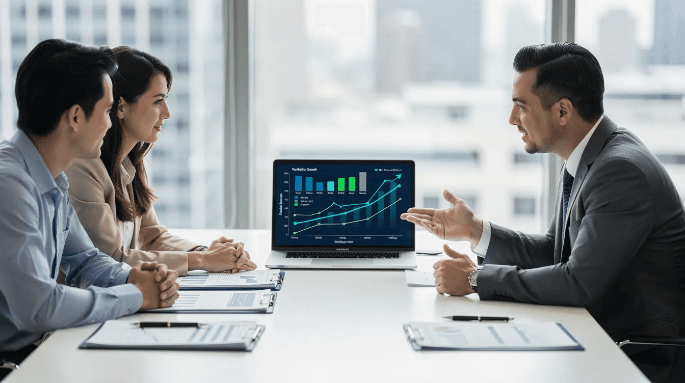 A professional financial advisor is seated at a modern office desk, discussing investment strategies with clients while a laptop displays various investment charts. The meeting focuses on retirement accounts, including options like 401(k) plans and individual retirement accounts (IRAs), highlighting the importance of tax advantages and contributions for effective retirement savings.