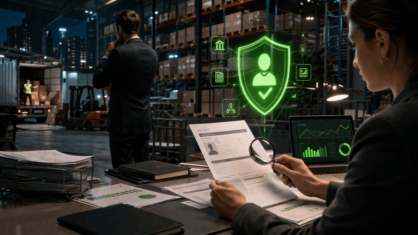 Cena em ambiente híbrido de escritório e armazém logístico, com iluminação noturna. Em primeiro plano, uma mulher analisa um formulário de cadastro usando uma lupa sobre a mesa, cercada por documentos e um notebook com gráficos. Ao lado, um painel digital holográfico em verde neon mostra um ícone de usuário protegido, sugerindo validação e segurança de dados. Ao fundo, um homem observa o estoque em prateleiras altas, enquanto um operador movimenta caixas, reforçando o contexto operacional de uma distribuidora.