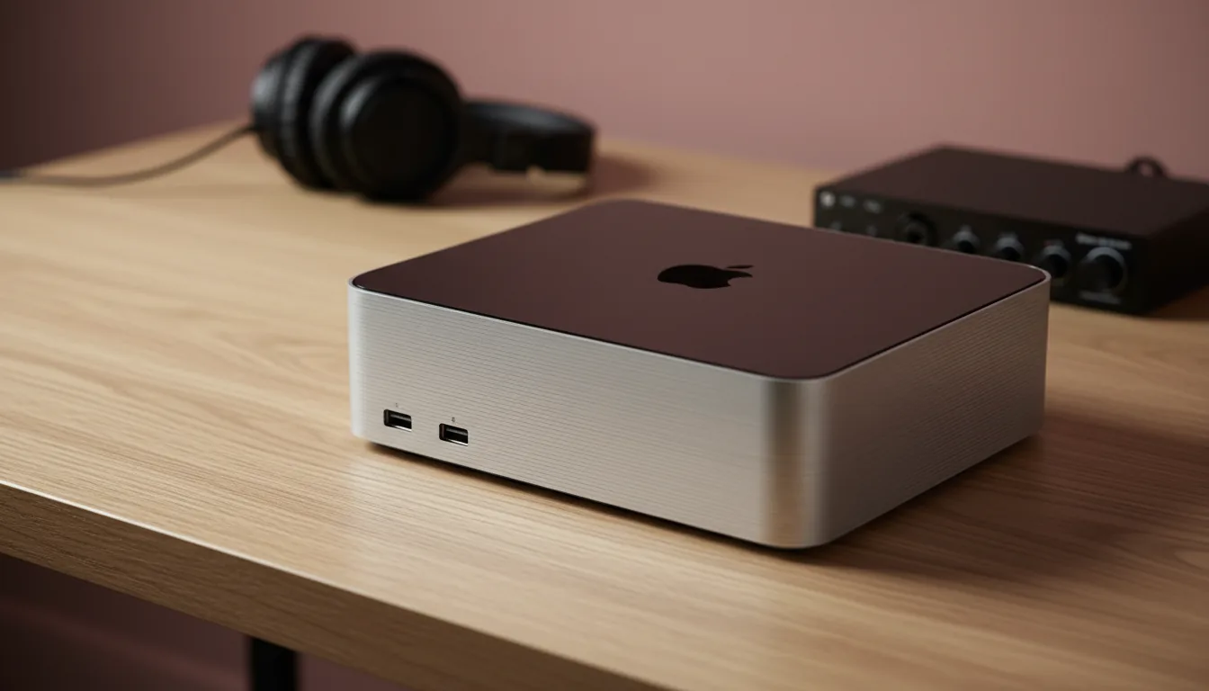 DSLR product photography of a silver Apple Mac Studio on a light oak desk with a prominent wood grain. Soft studio lighting from the side, creating gentle shadows. The computer is in sharp focus, showing its brushed aluminum texture, dark reflective top with a black logo, and front ports. The background has a shallow depth of field, with blurred professional black studio headphones and an audio interface against a dusty pink wall.
