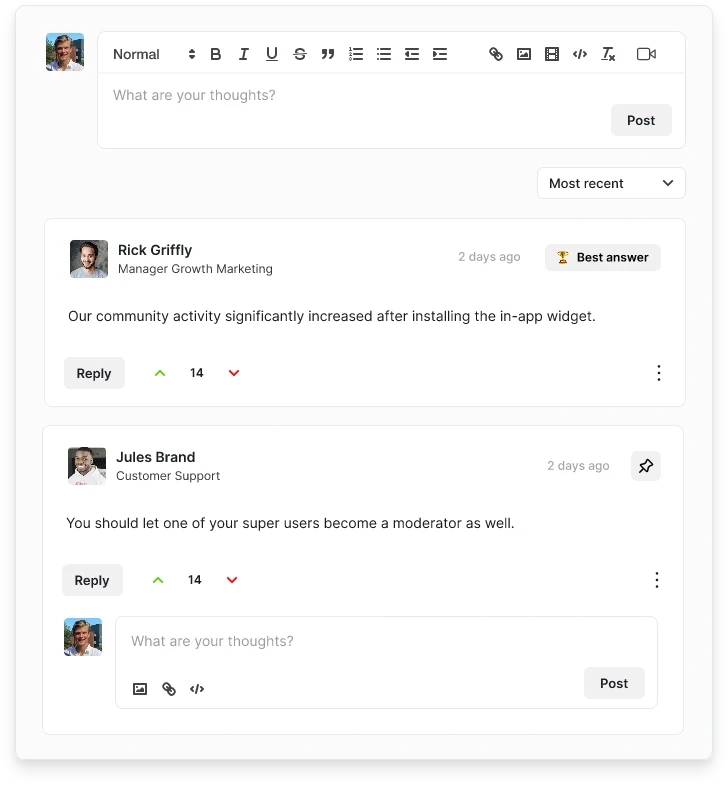 Pin best answers in comments on community posts in the Turf platform.