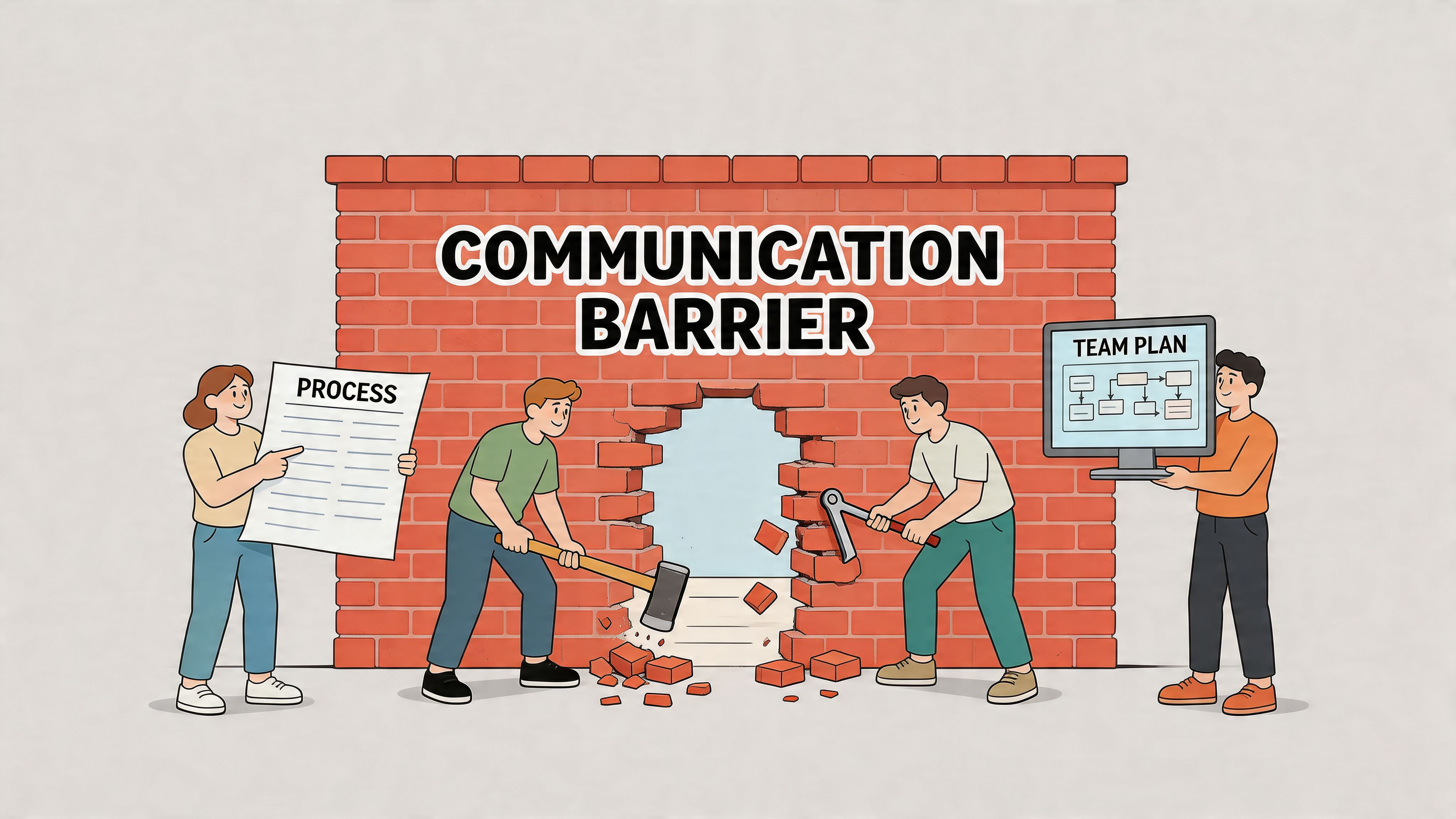 A diverse team of people breaking down a brick wall labeled as a communication barrier metaphor.