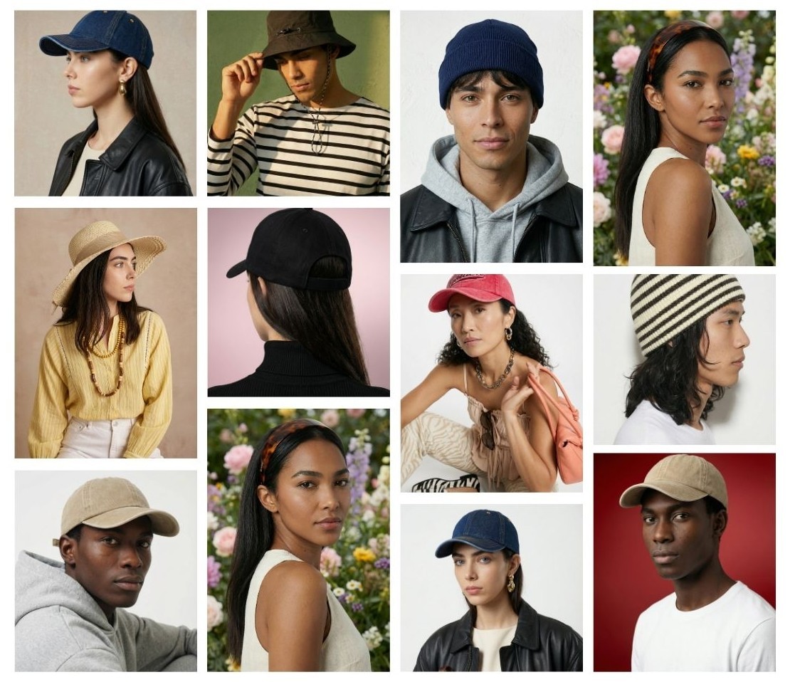 Four images feature a person wearing tank tops in different colors—white, green, blue, and red—paired with black pants against simple backdrops.