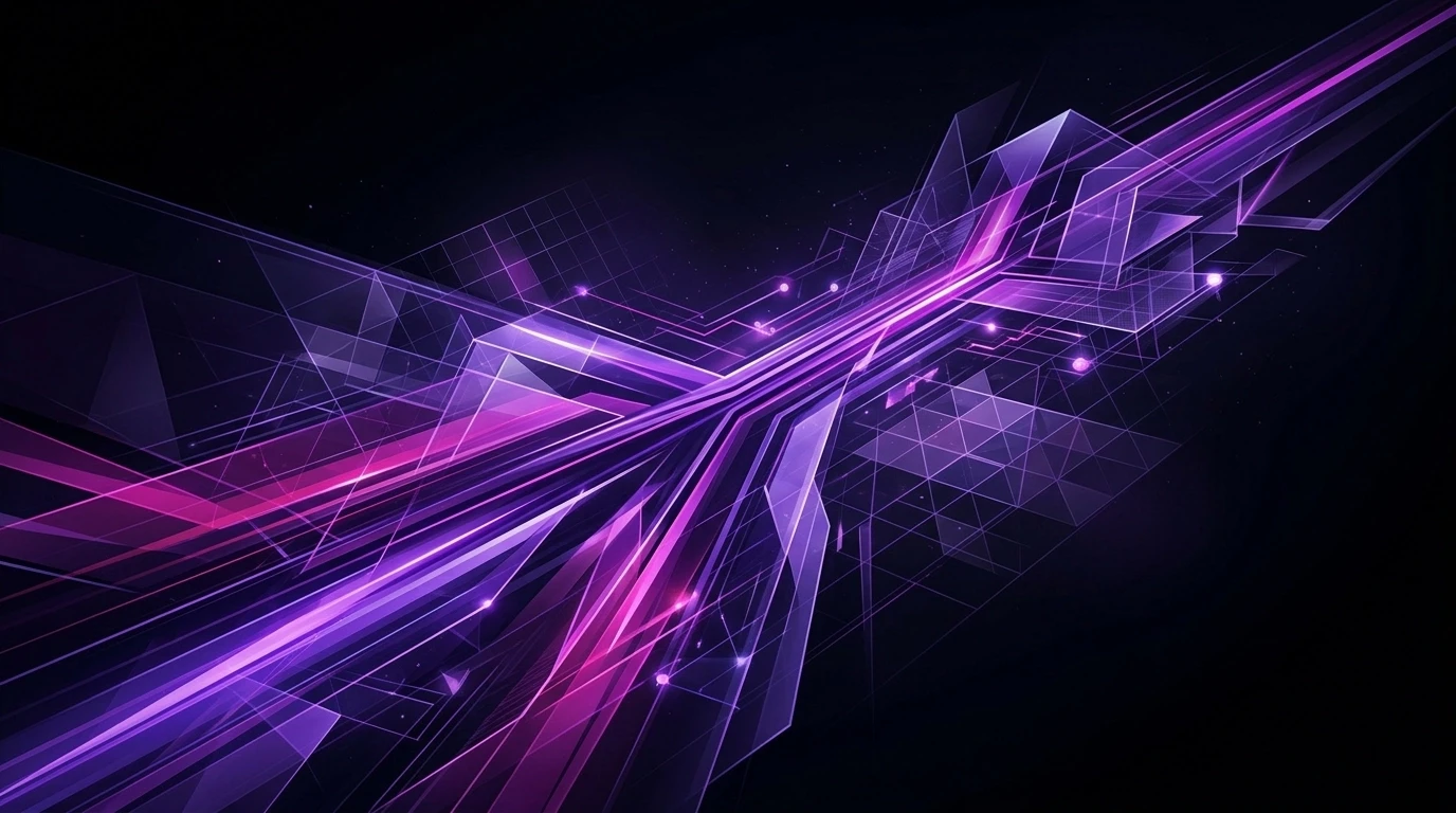 A cinematic abstract illustration of speed and execution. Intense violet and magenta light trails slice across a deep black background, with clean geometric forms aligned in the flow to suggest precision, velocity, and senior-level control.
