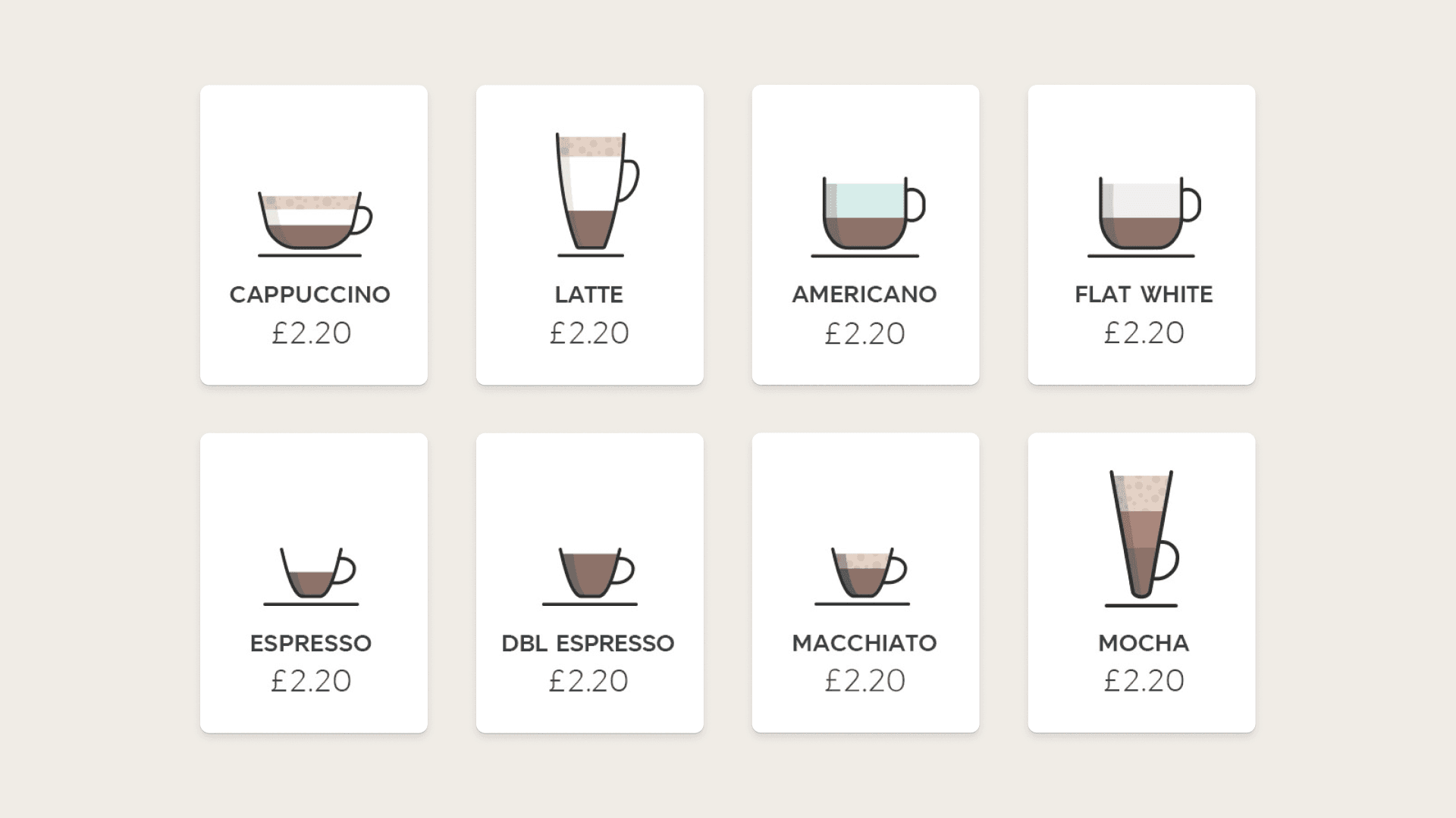 A digital product design showing the menu interface for coffee selection on the M&S machine, with eight different drink options, including Cappuccino, Latte, and Espresso, each represented by a clean line-art icon and a price. This highlights the UI's clarity and aesthetic.