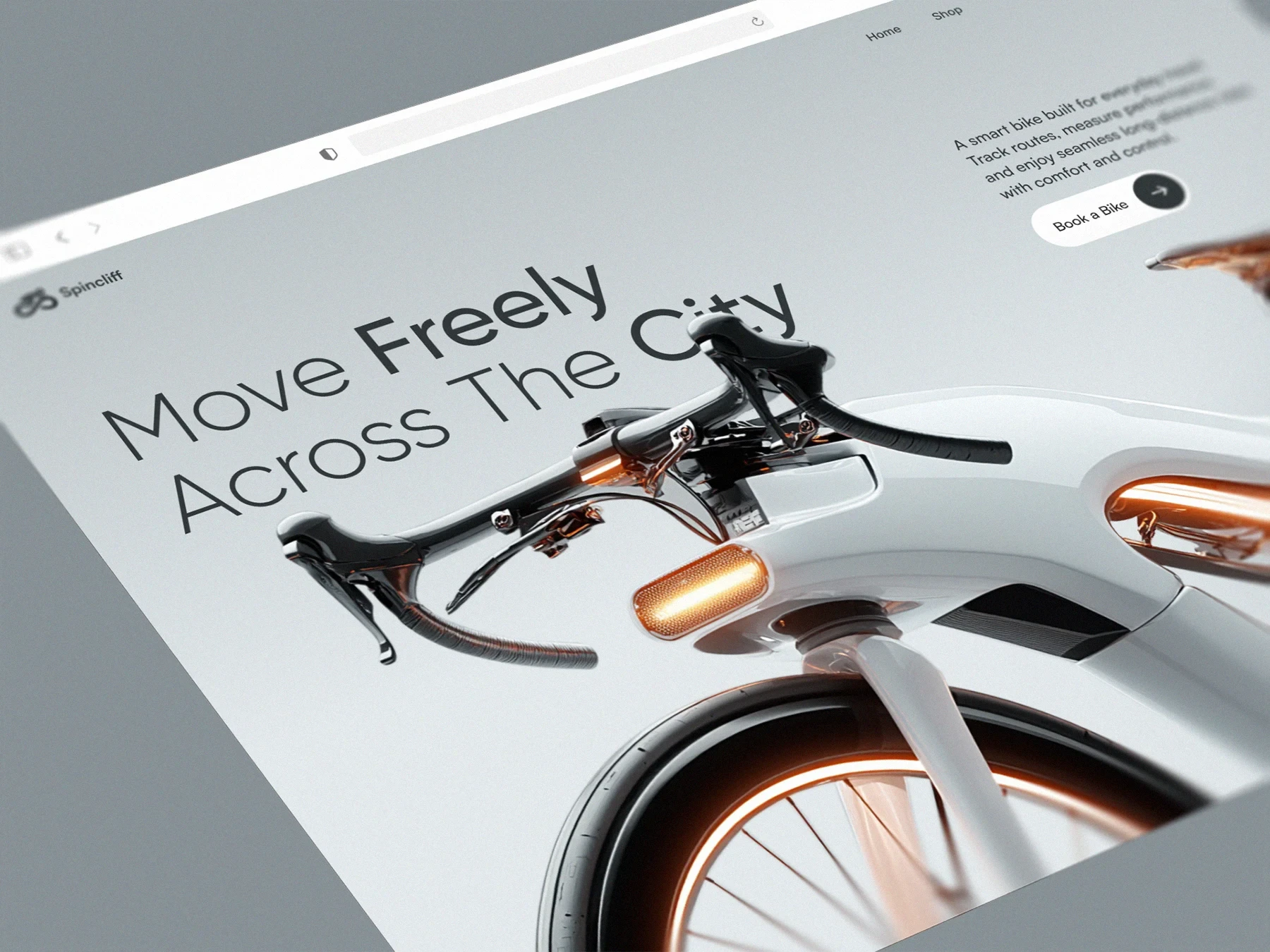 Smart bike landing page design featuring a futuristic bicycle hero section with bold typography and a product-focused layout.