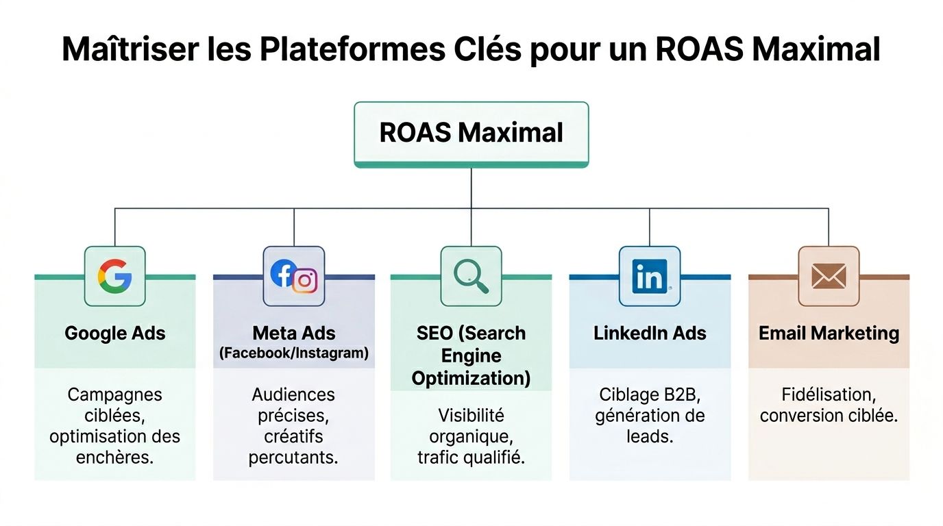 Schéma montrant les plateformes digitales clés pour maximiser le retour sur investissement publicitaire (ROAS) en marketing.