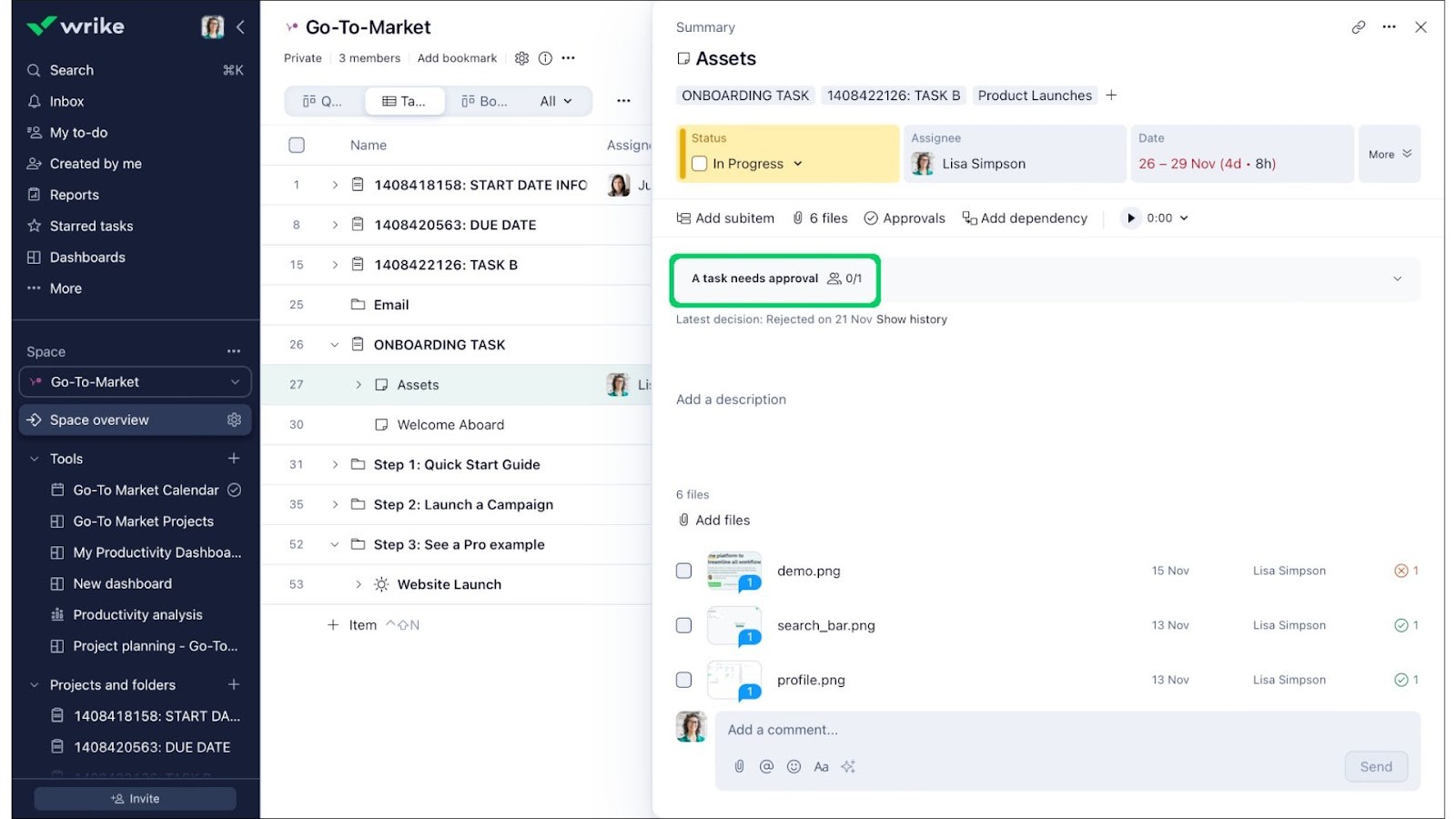 Wrike’s task approval and file management dashboard