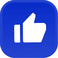 Thumbs up like icon in blue square.