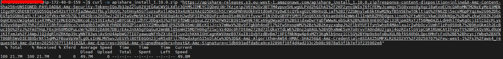 Terminal downloading the installation archive with curl
