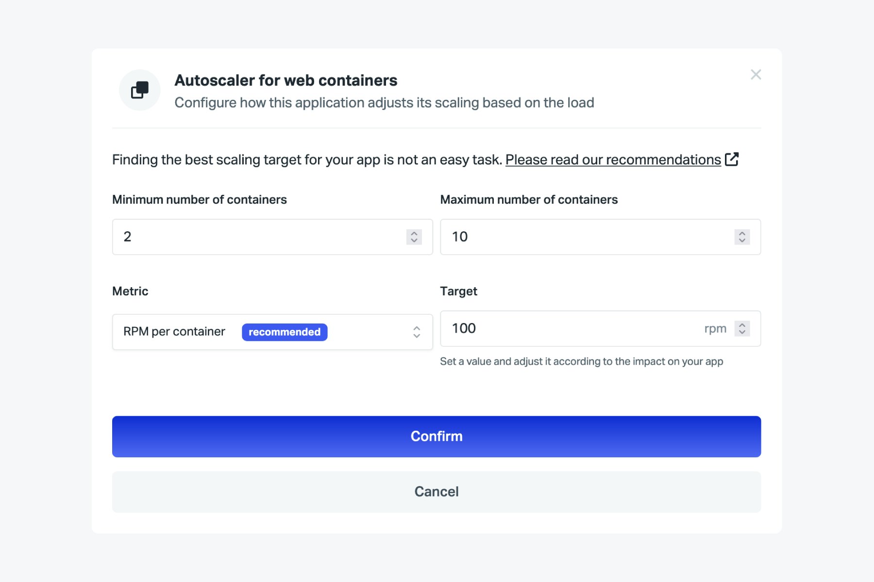 Scalingo autoscaler menu