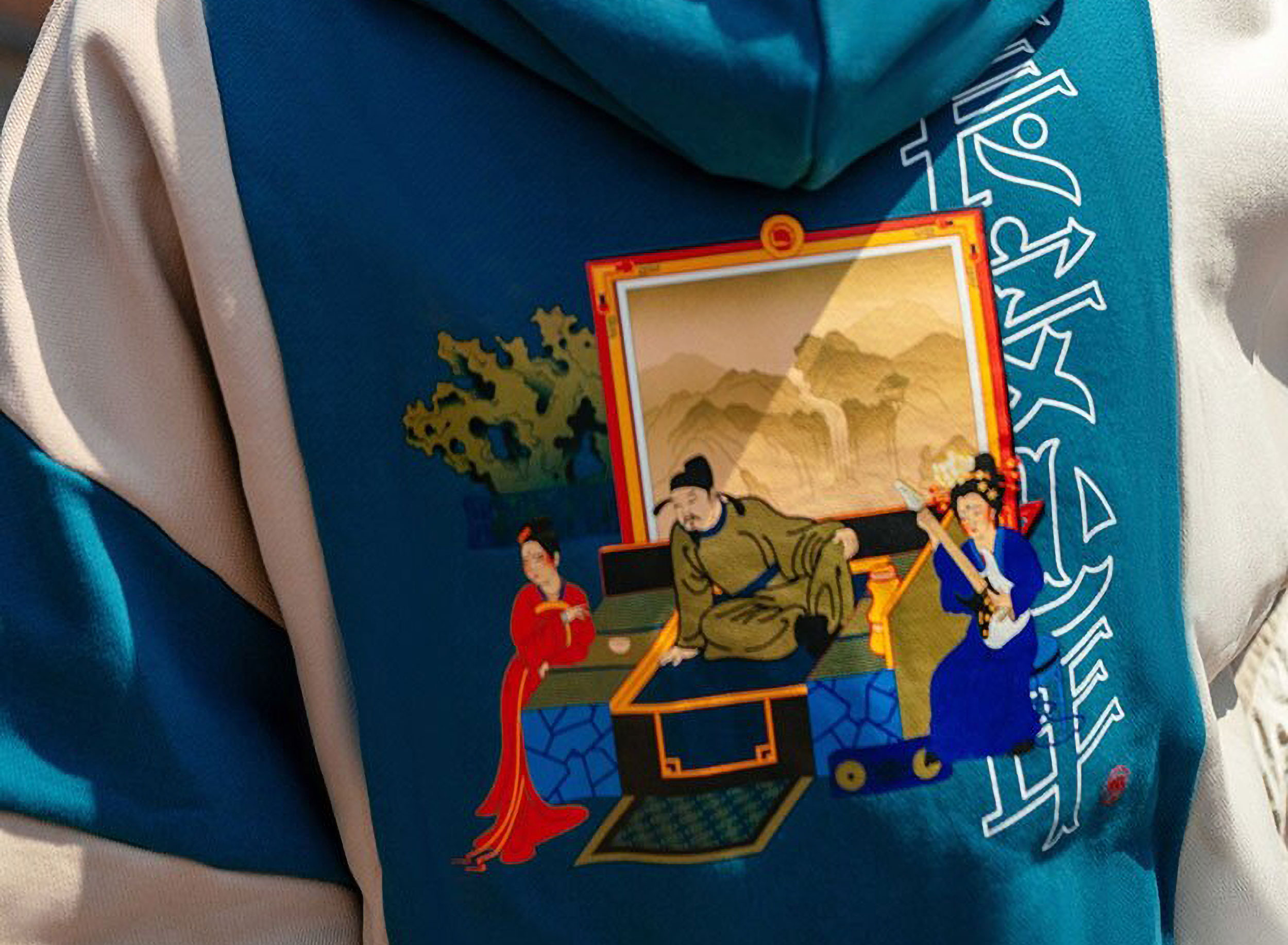 Li-Ning BAD5 close-up apparel detail showing the collection artwork printed on fabric, featuring historical Chinese figures and interior scene illustration.