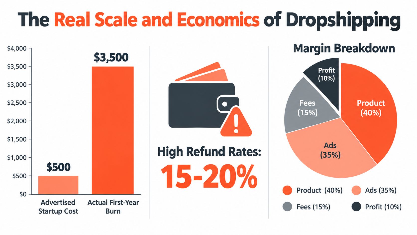 A bar chart, pie chart, and statistics highlighting the real financial costs and risks of dropshipping businesses.