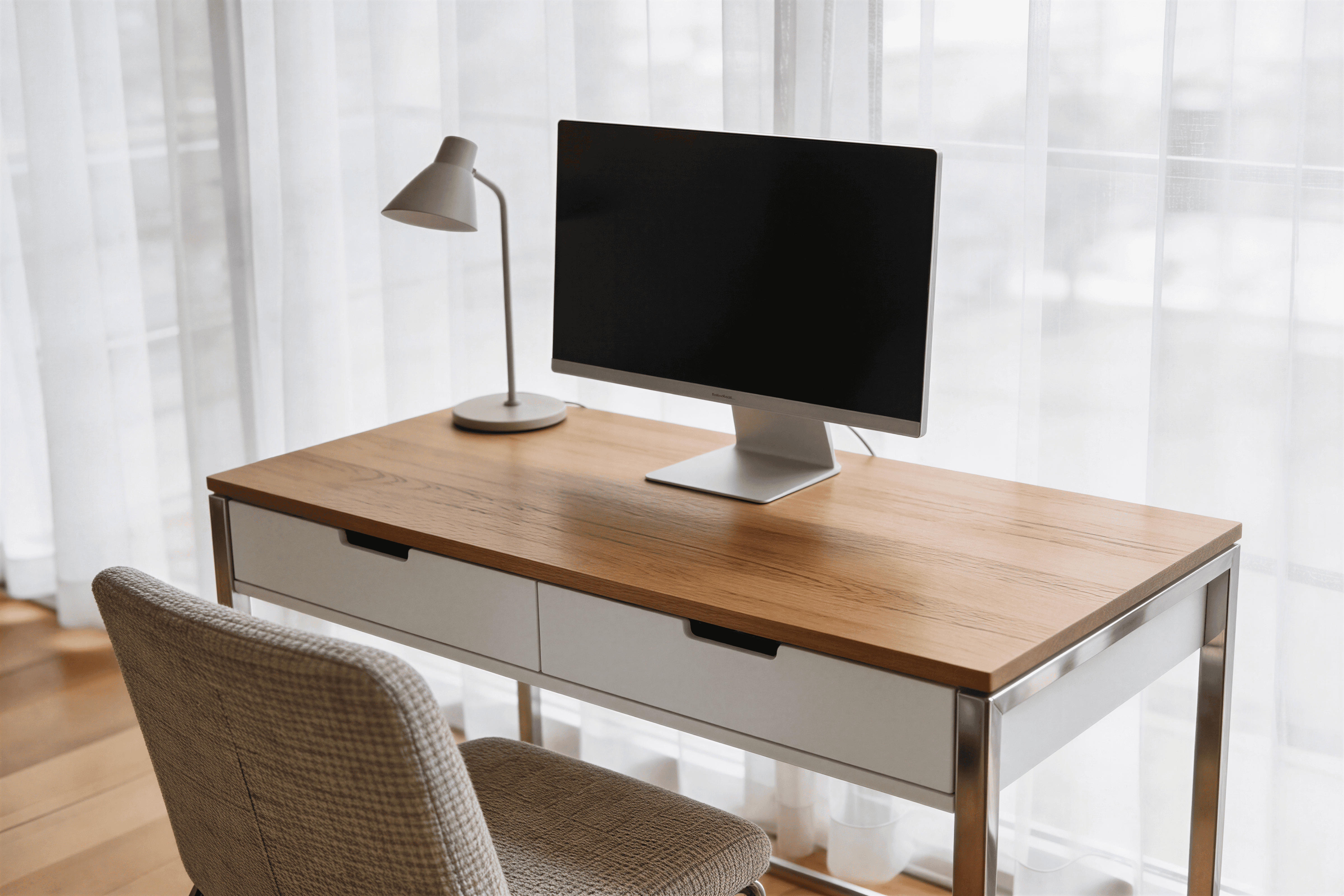 Stație de lucru minimalistă cu birou din lemn pe cadru metalic, lampă și monitor, lumină naturală.