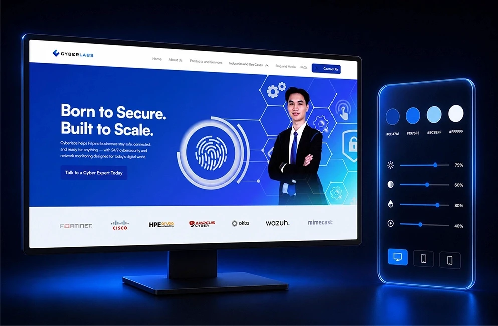 Cybersecurity company website design with blue theme and trusted partner logos