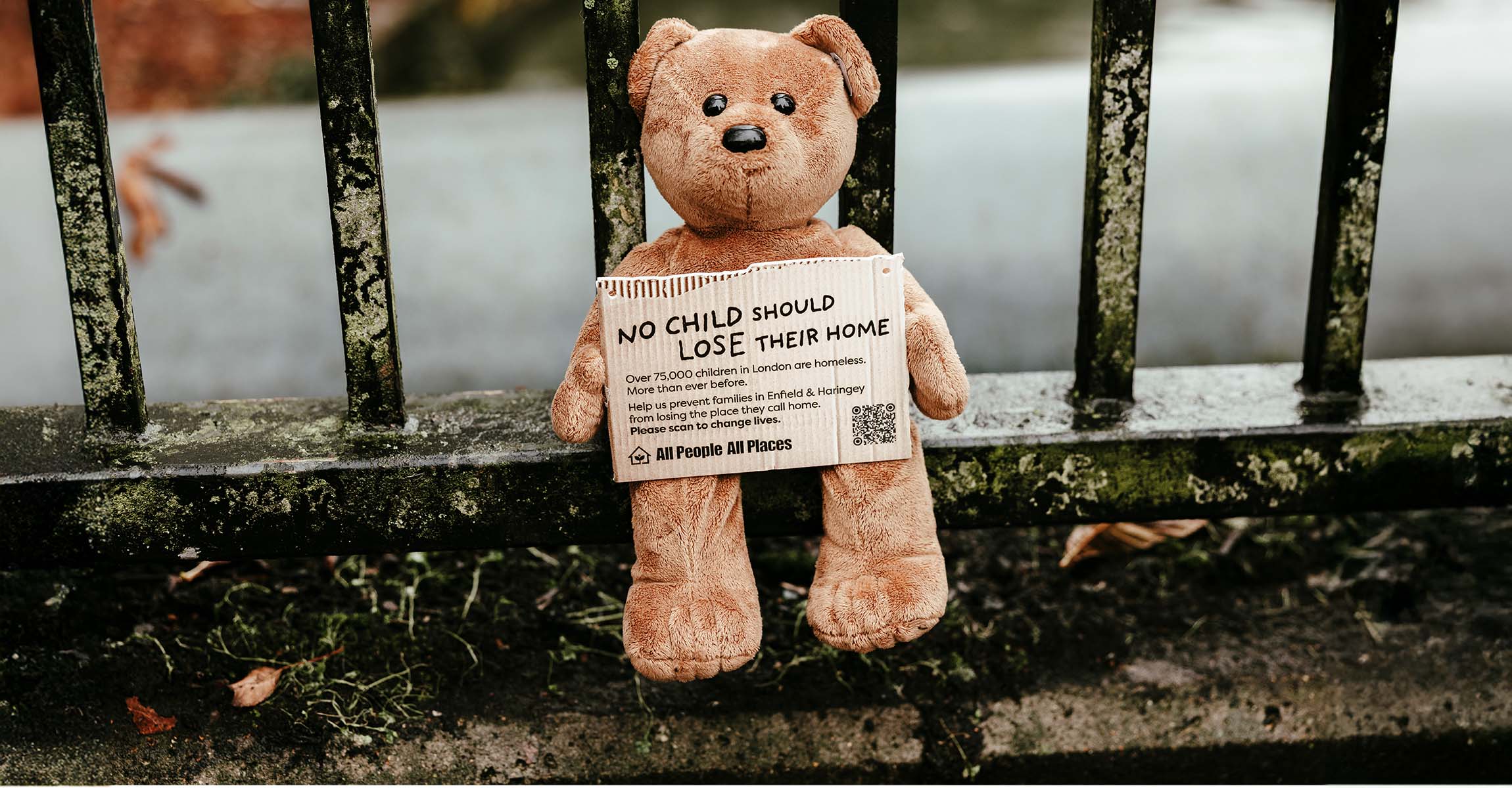 Stuffed Teddy bear toy on a wet pavement holding a sign that says No Child should loose their home