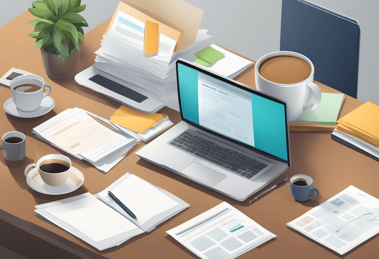 A desk with a computer and a stack of papers, a warm cup of coffee, and a welcoming email template displayed on the screen