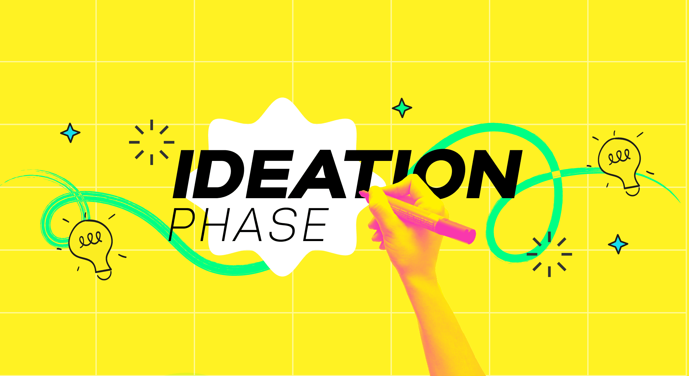 Wide Ideation Phase banner with hand sketching, lightbulb icons, and teal swirls on bright yellow grid background