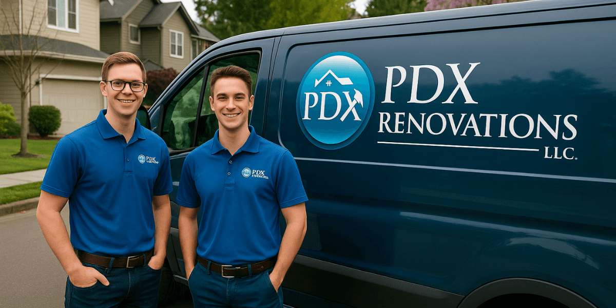 Joseph Taylor and team member pose outside a PDX Renovations van, offering hassle-free home-selling solutions in Beaverton.