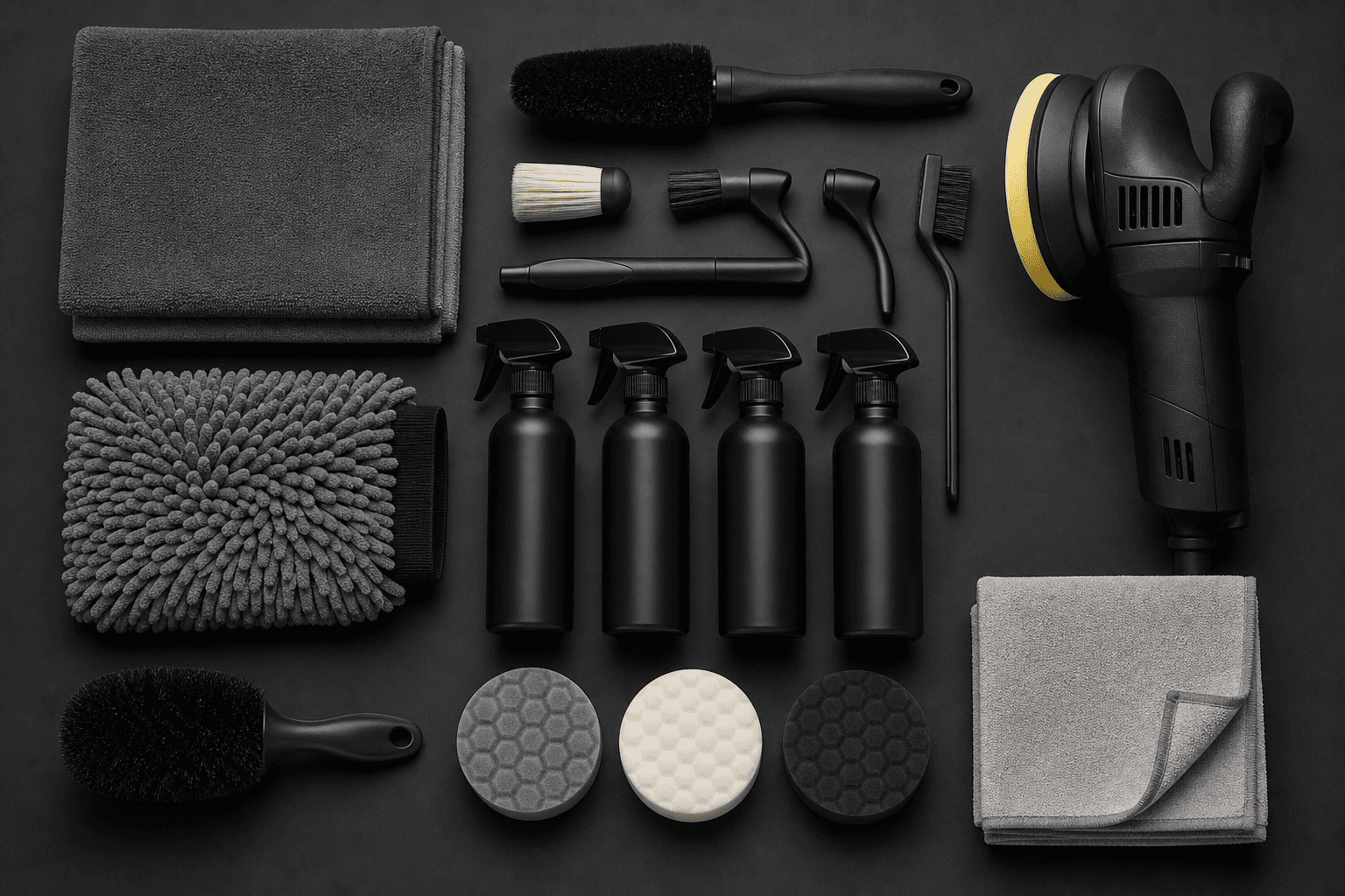 Professional car detailing tools laid out and organized — towels, brushes, polisher pads, and sprays