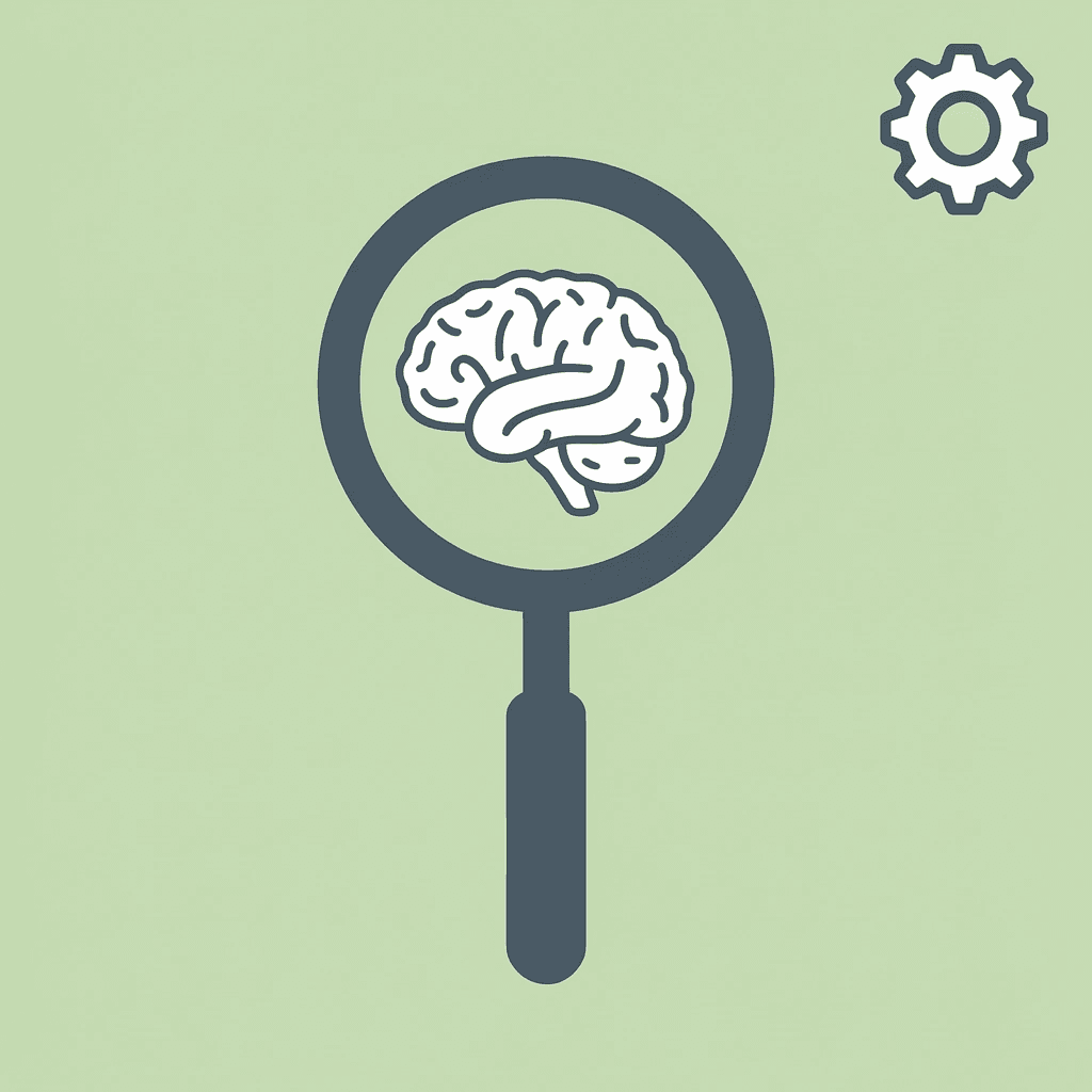 Magnifying glass focusing on a brain or head icon to represent mental overhead and cognitive burden