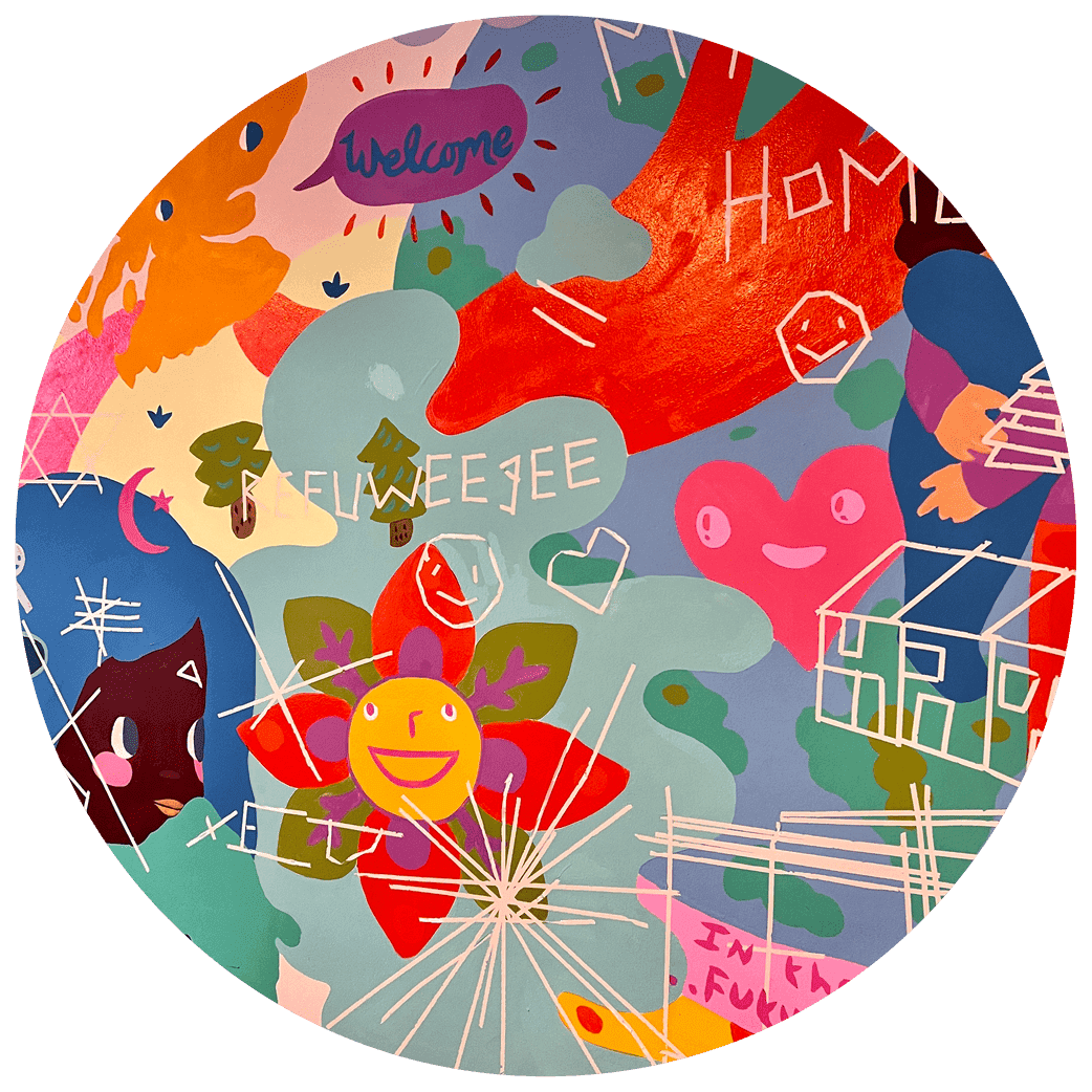 Bright, multi‑coloured mural featuring flowers, hearts, cartoon characters and the words “Welcome,” “Home,” and “Refuweegee.”