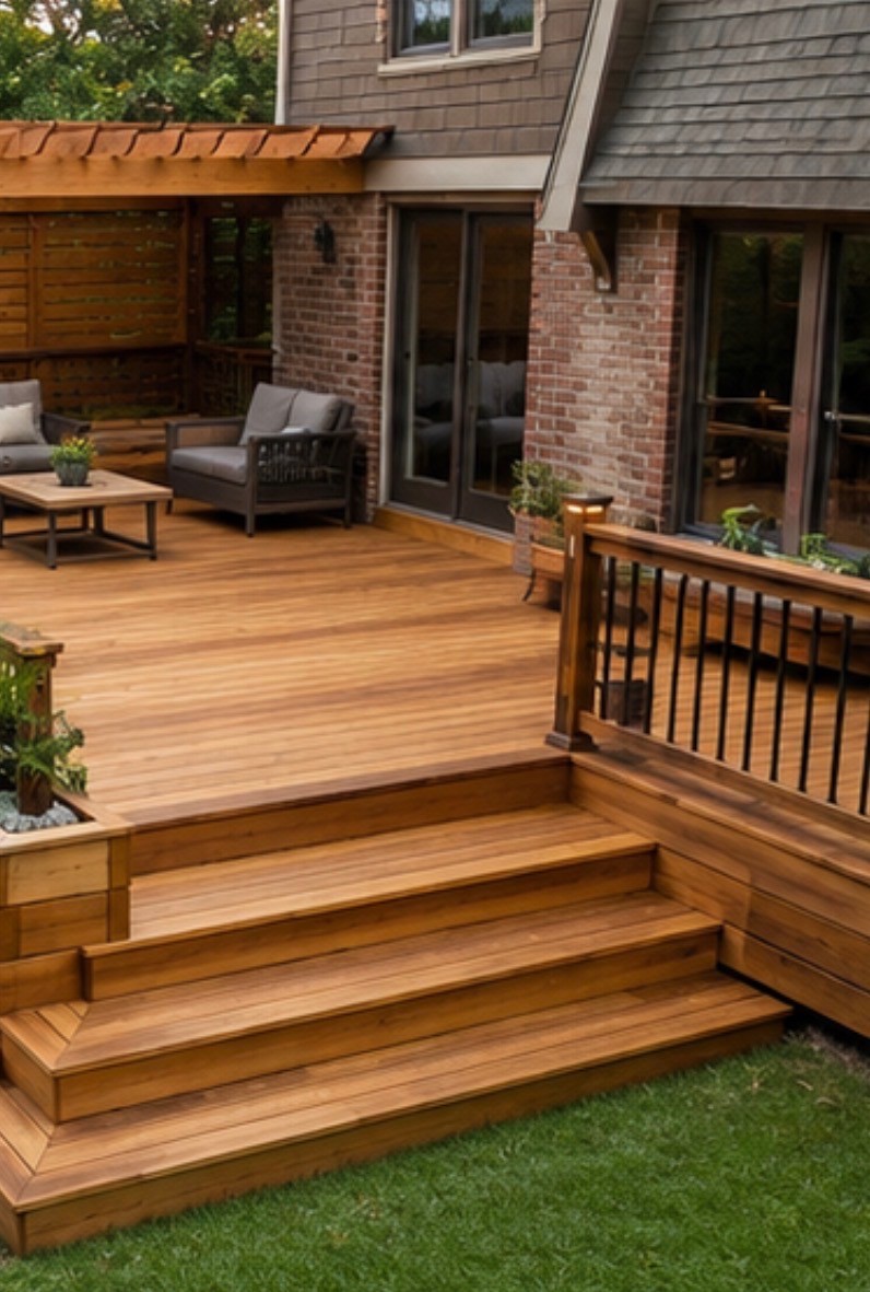Finished deck with table, railing, and seating area