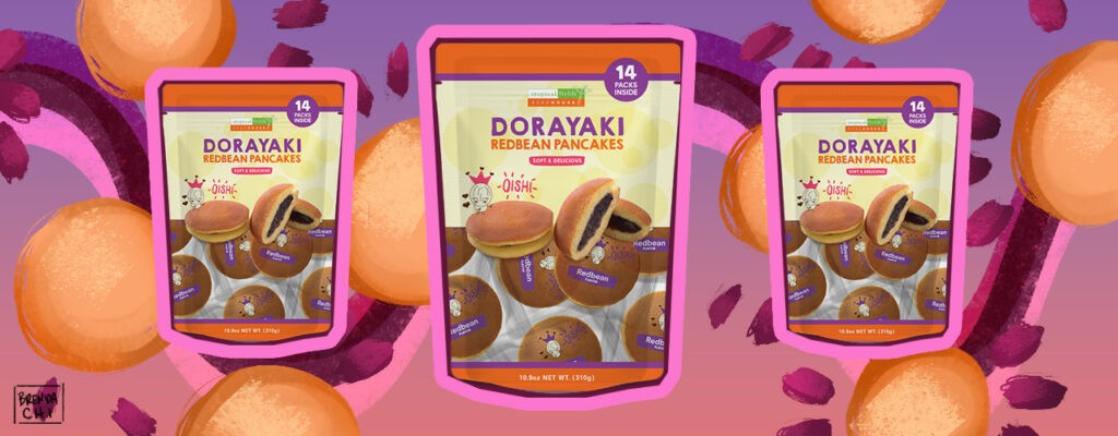 Dorayaki package over illustration of dorayaki