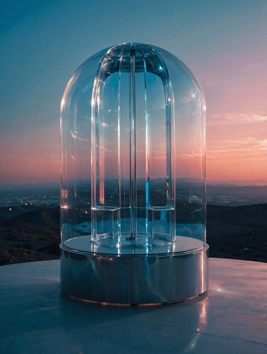 Transparent glass bell jar structure on a platform at sunset.