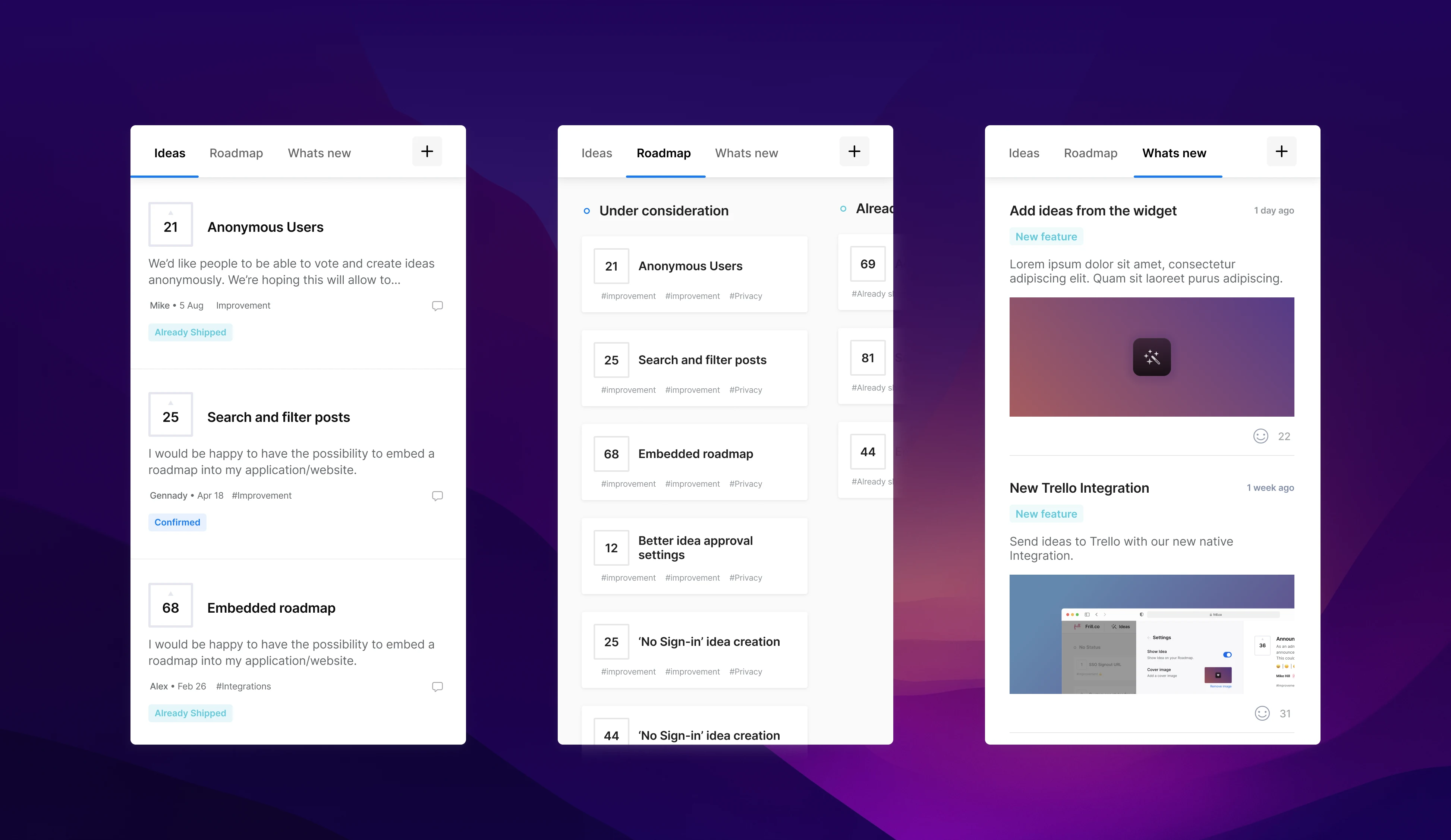 custom feedback, roadmap and announcements widget