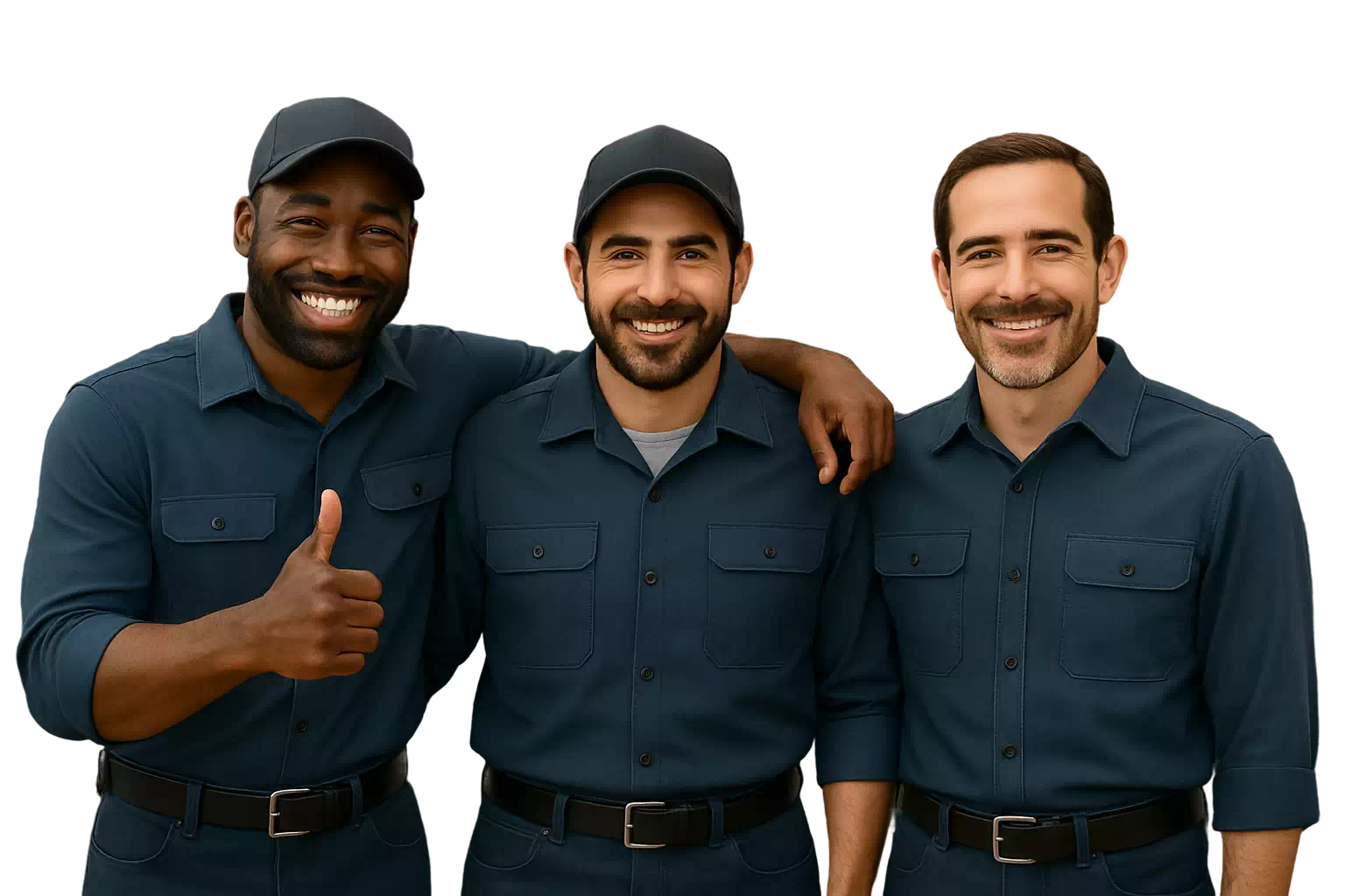 Friendly team of three professional plumbers from Plumberpip posing confidently in uniform.