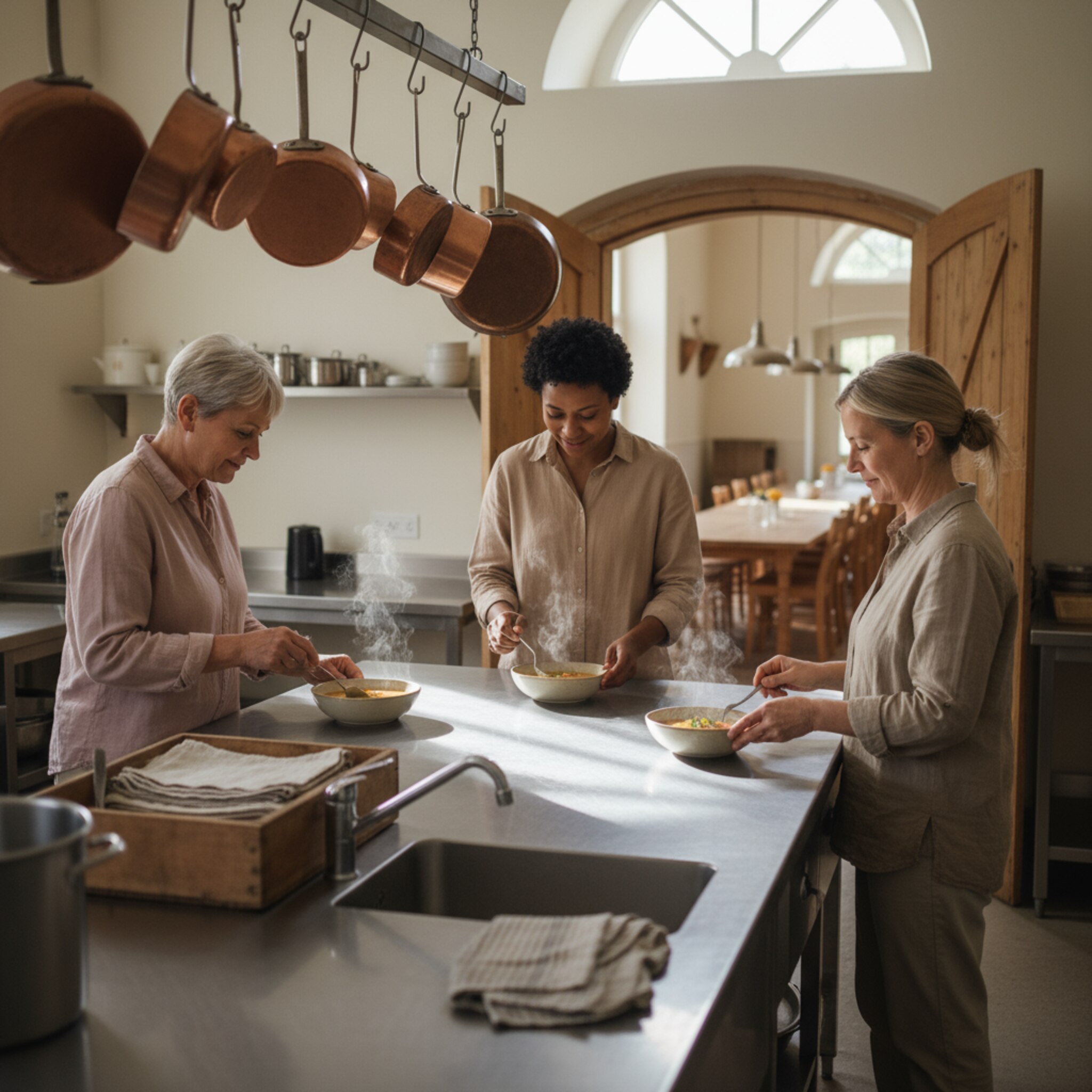 Eine Gemeinschaftsküche glänzt sauber, Kupfertöpfe hängen ordentlich an Haken. Ein kleines Team richtet Teller mit Suppe an, Stimmen klingen gedämpft. Neben der Spüle steht eine Kiste mit Geschirrtüchern. Durch eine halb geöffnete Tür sieht man einen ruhigen Raum mit langen Tischen.