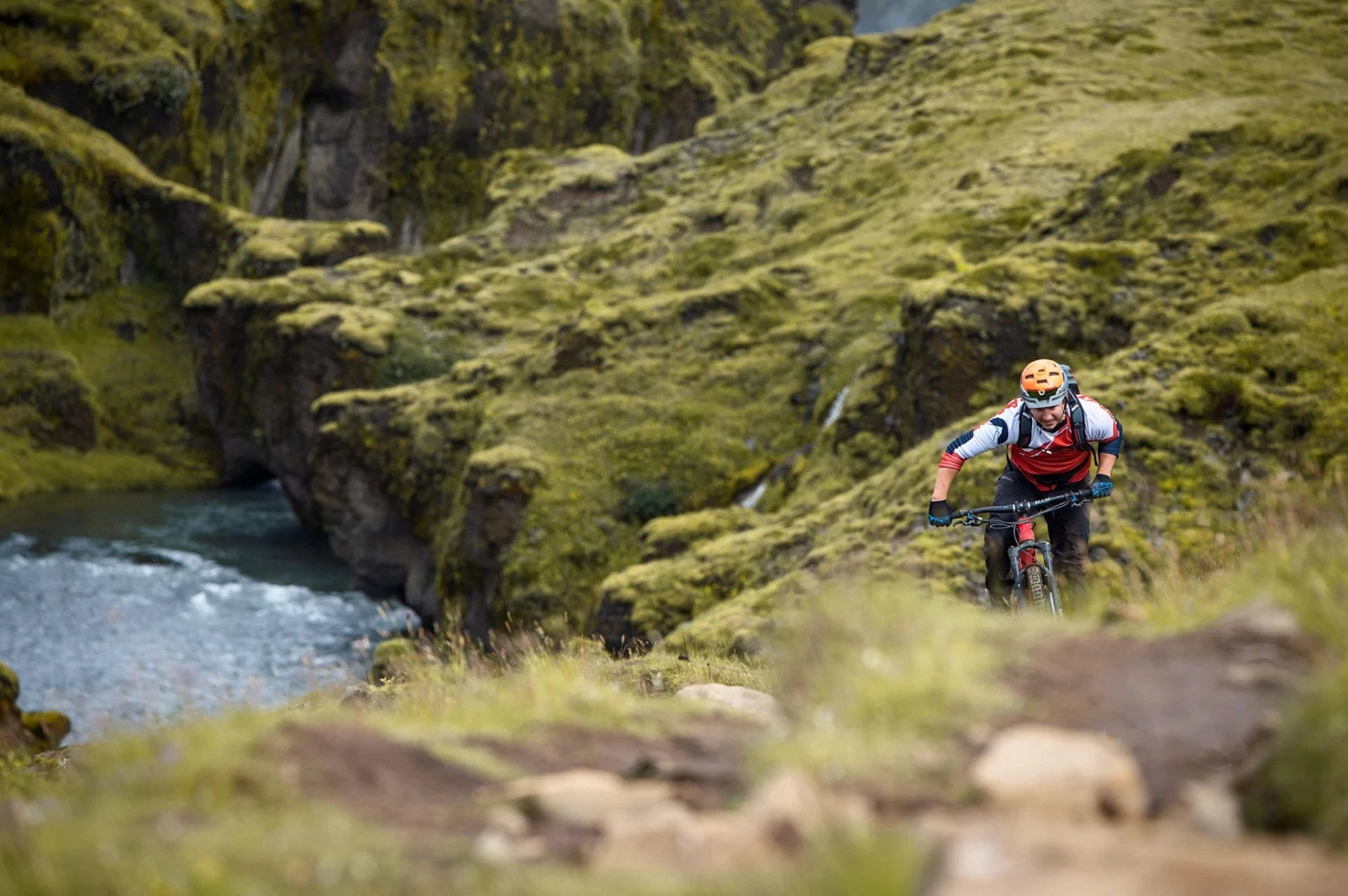 One mountainbike rider in a beautiful landscape
