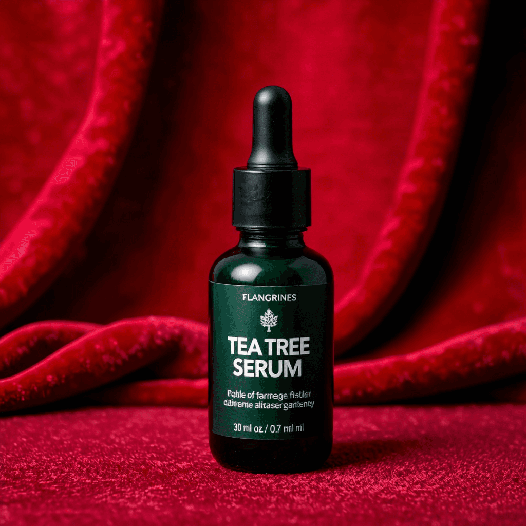 product photography of a bottle of tea tree serum for skincare