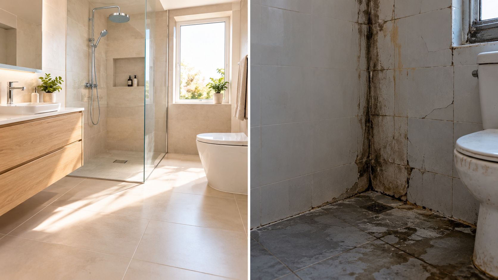 A split image showing a modern clean bathroom renovation compared to a dilapidated, moldy bathroom interior.