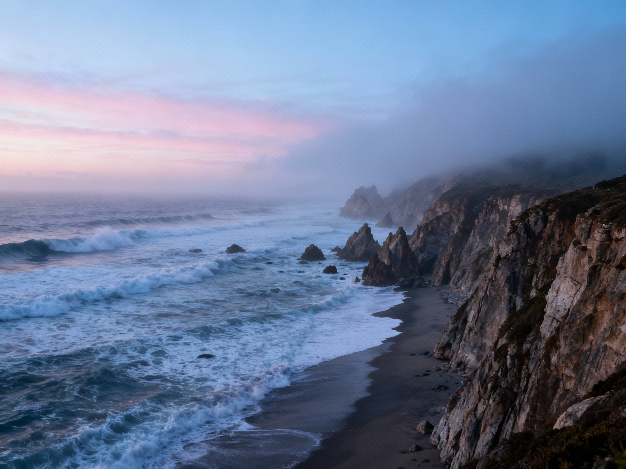 An expansive shot of a dramatic coastal cliff scene during a misty dawn, employing a high dynamic