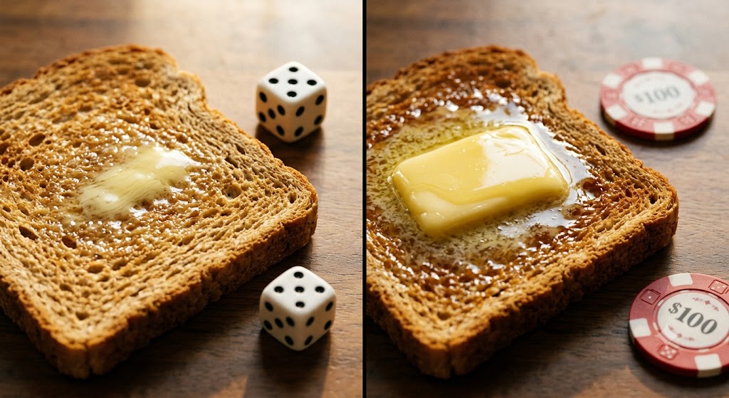 A visual comparison of different butter portions on whole wheat toast. The left image shows a smaller pat of melted butter with two dice for size reference. The right image shows a larger, thicker slice of melting butter with two $100 poker chips for size reference. Both sit on a wooden table.