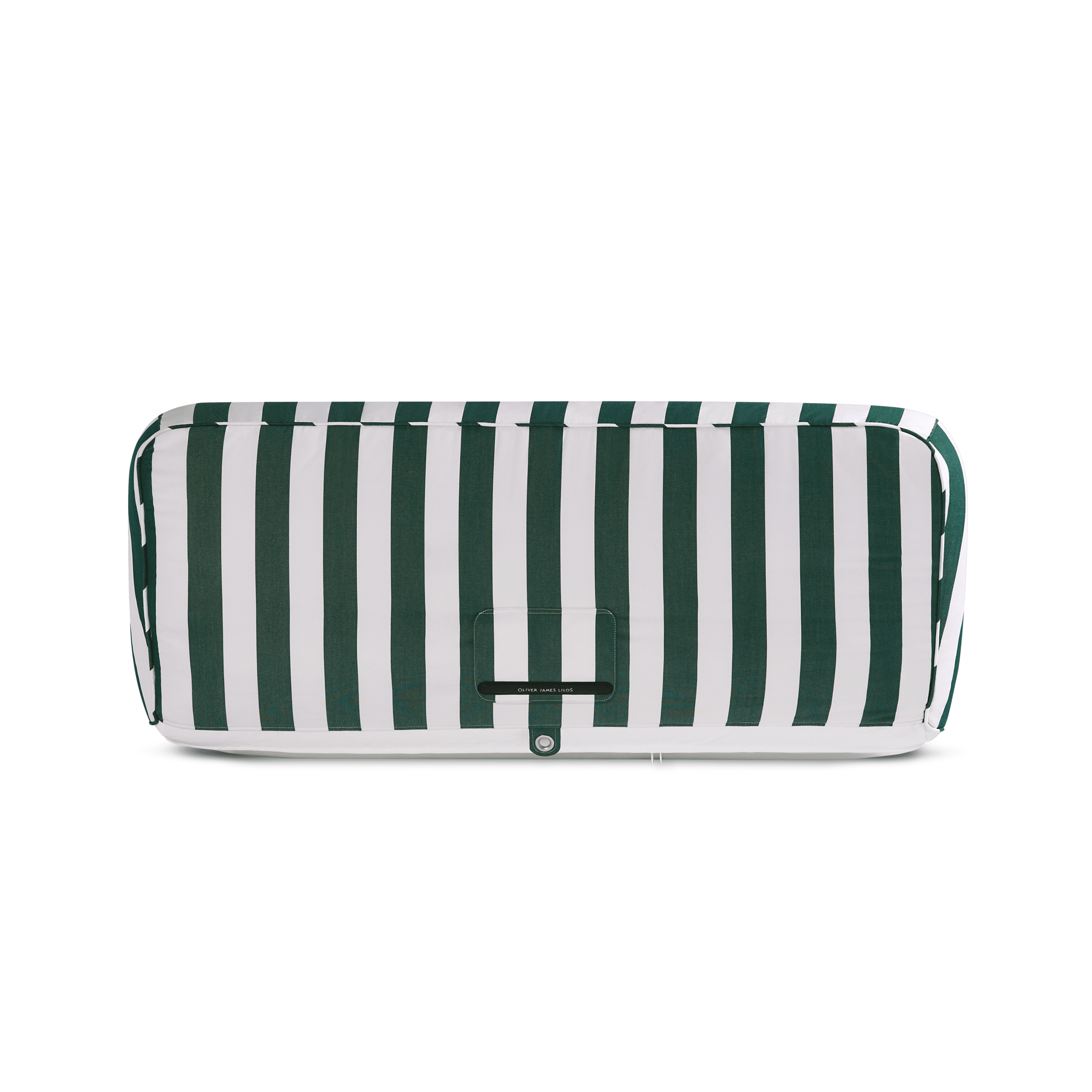 Double pool float showing green-and-white striped panels, quilted construction, and white base