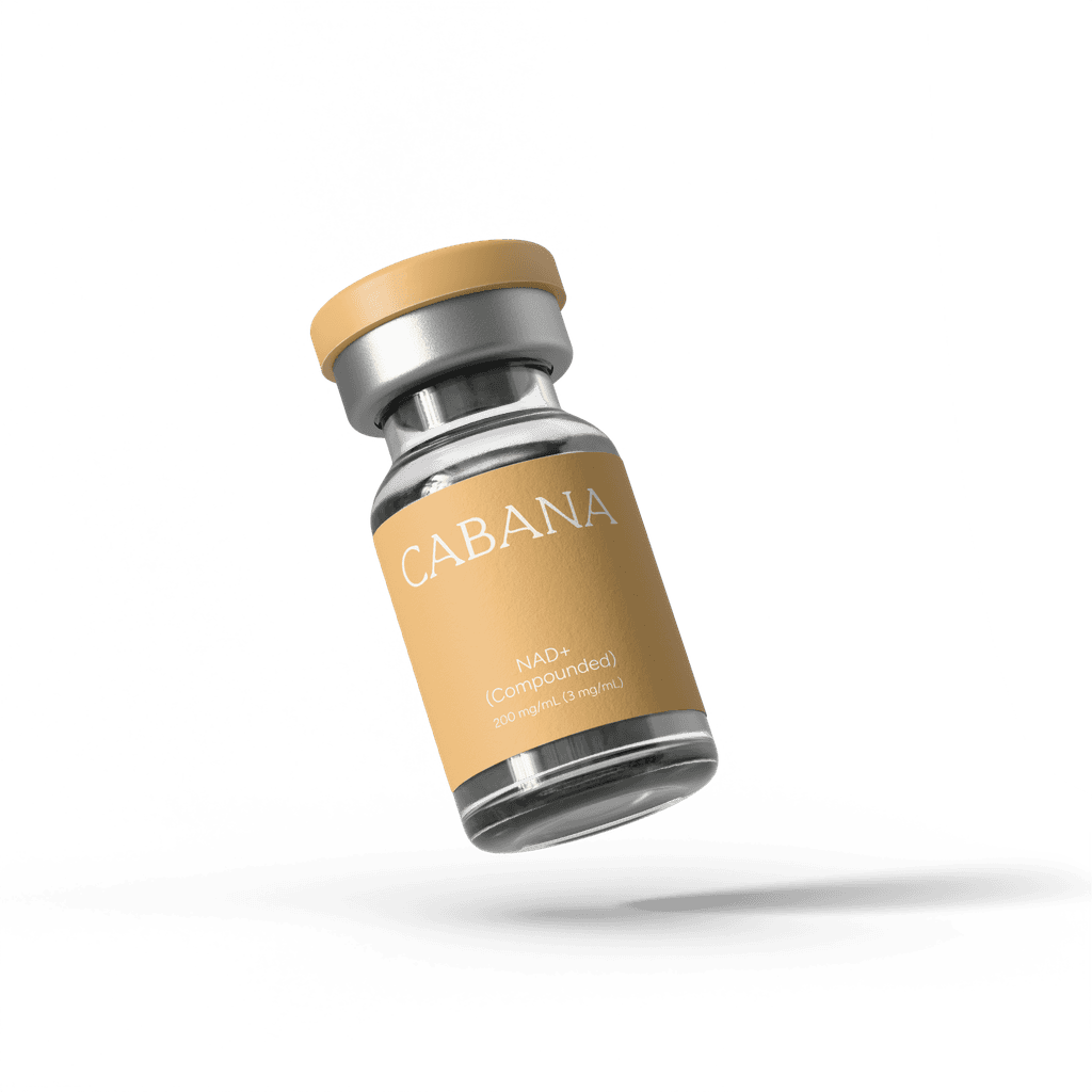 Cabana NAD+ Compounded injectable vial close-up, 100mg/mL, with gold label on dark background