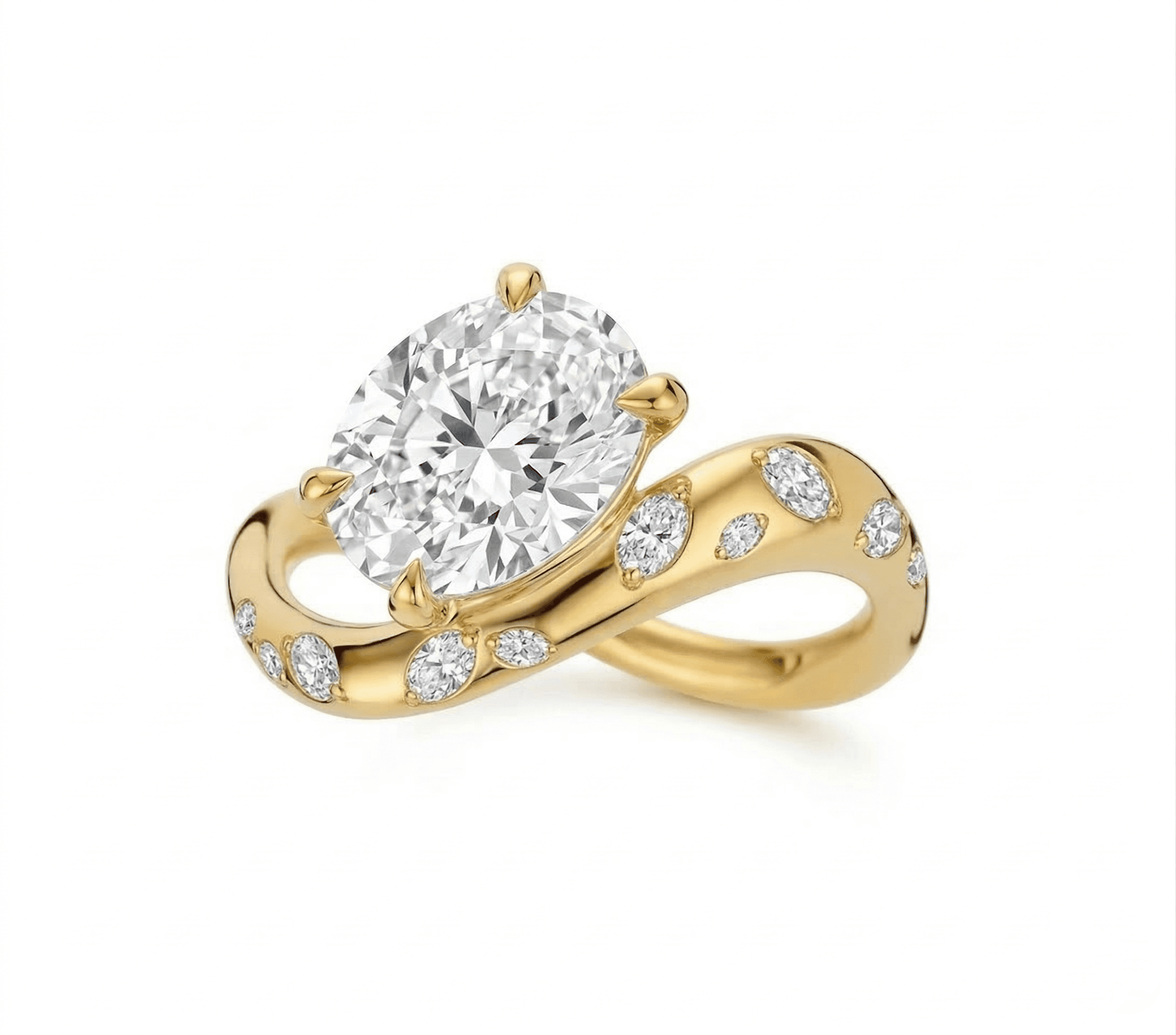 Custom modern Toi et Moi engagement ring with oval and pear diamonds