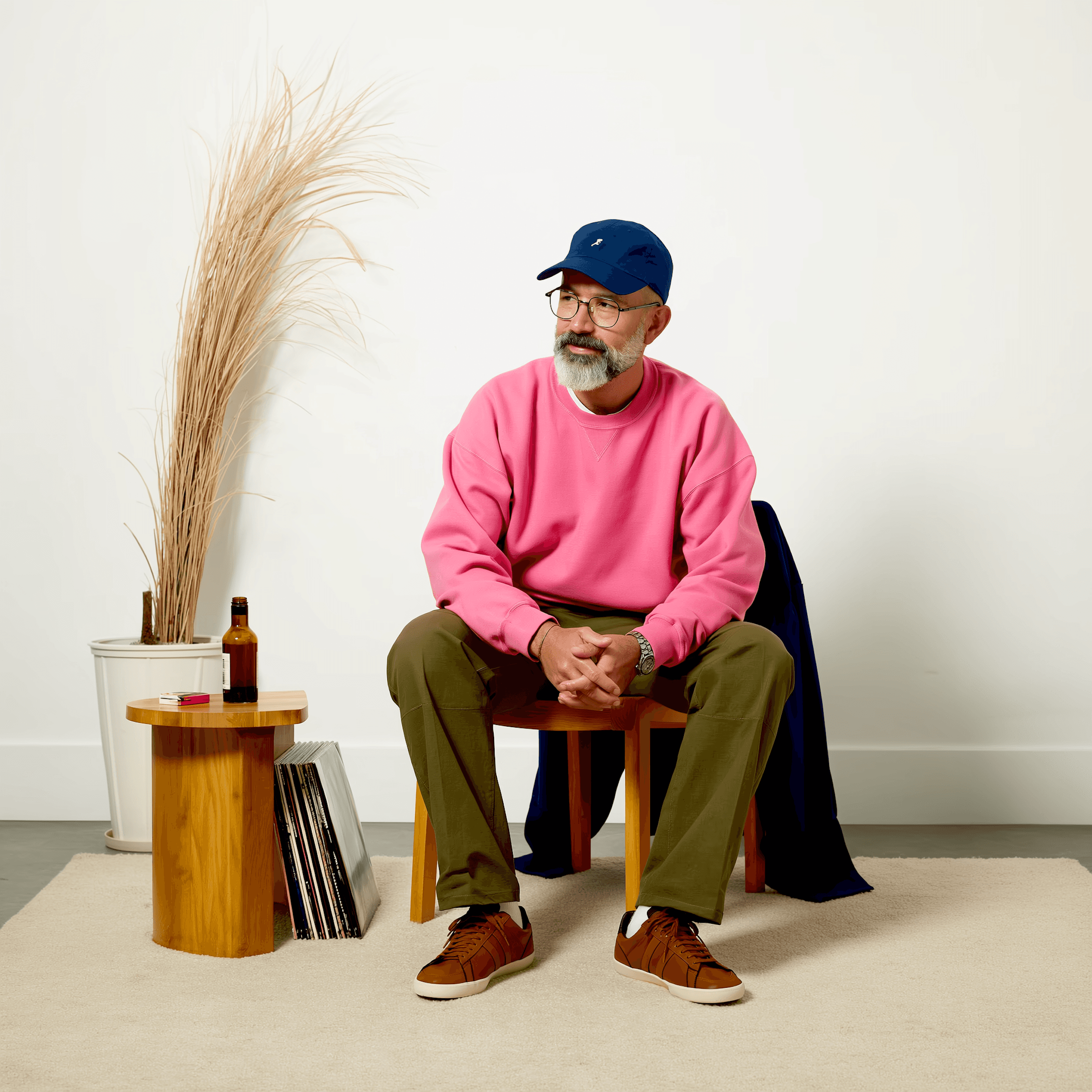 A man wearing a pink sweat shirt seated on a wooden stool