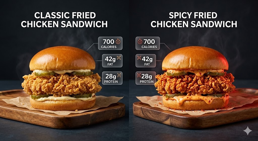Side-by-side comparison of Classic and Spicy Popeyes-style Fried Chicken Sandwiches on wooden trays. Infographic labels next to each sandwich show both contain 700 calories, 42g fat, and 28g protein. The spicy sandwich on the right features a vibrant orange sauce and chili powder dust.