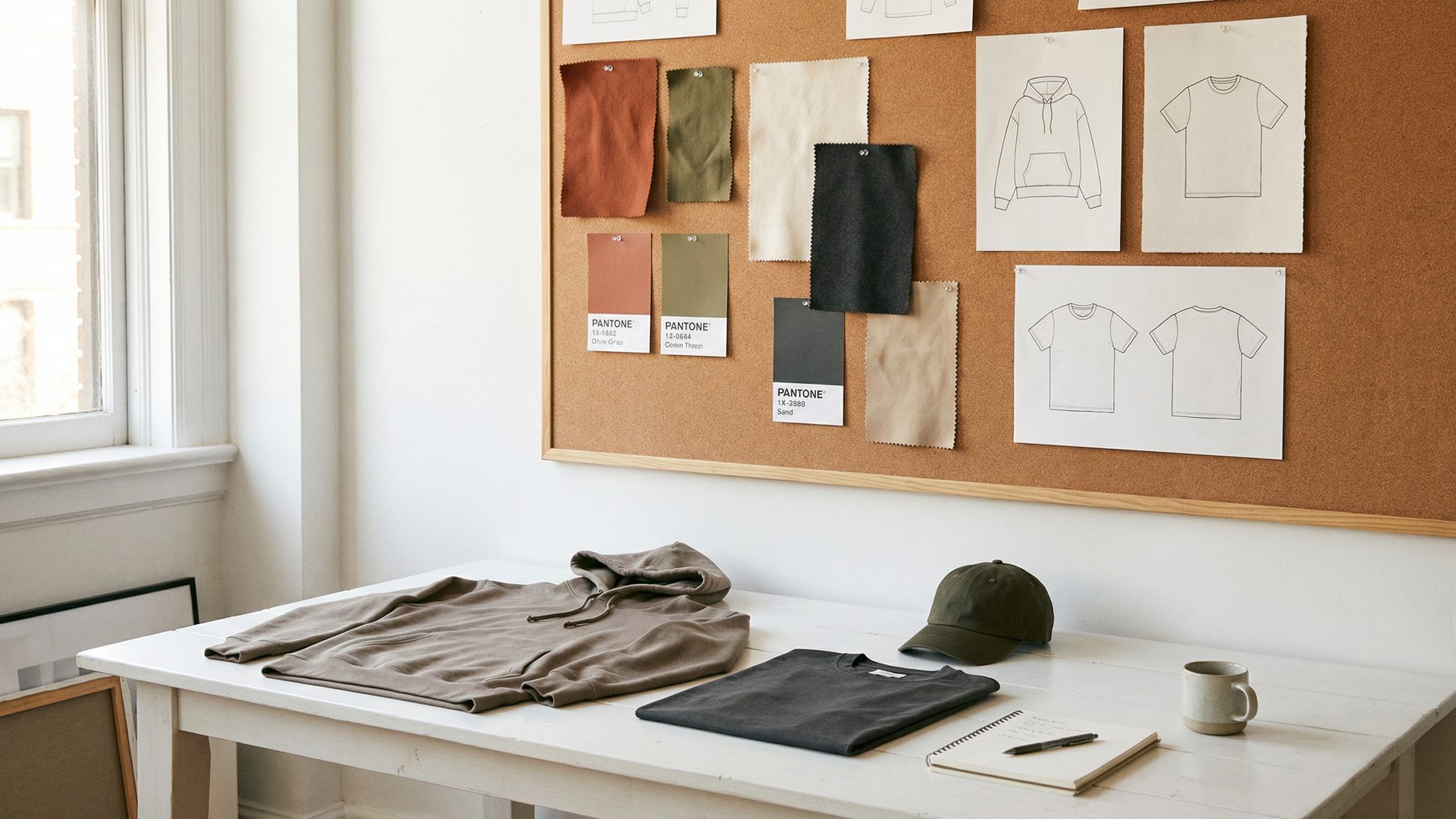 A professional design and curation studio with a cork mood board covered in fabric swatches, Pantone chips, and flat-lay garment sketches, and a white table below with a folded hoodie, tee, and cap laid out for review.